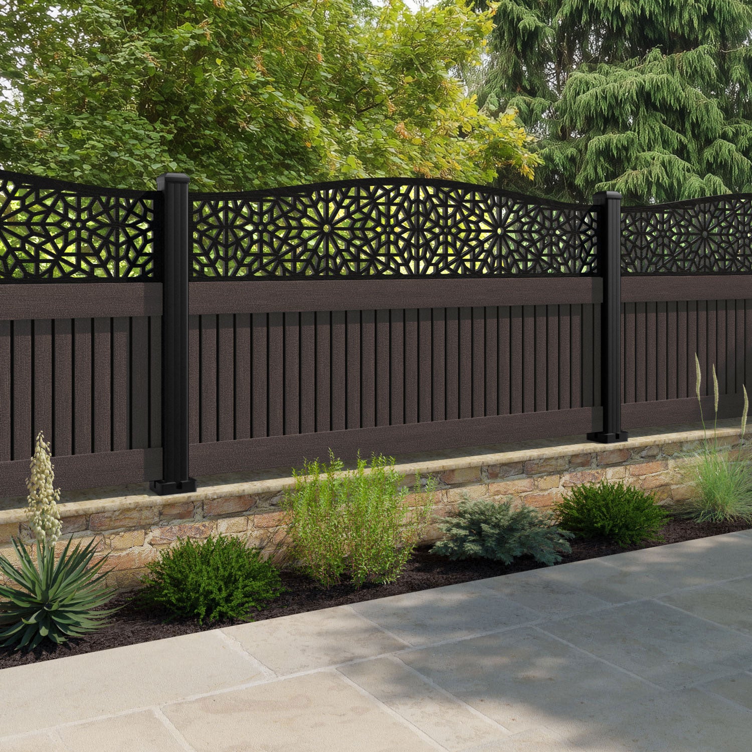 Virtis Alnara Curved Top Fence Panel - Mid Brown - with our aluminium posts