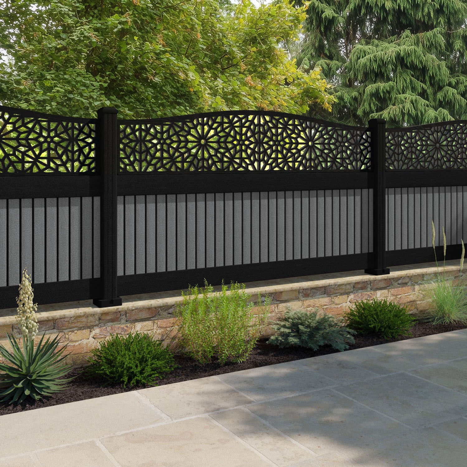 Virtis Alnara Curved Top Fence Panel - Mid Grey - with our aluminium posts