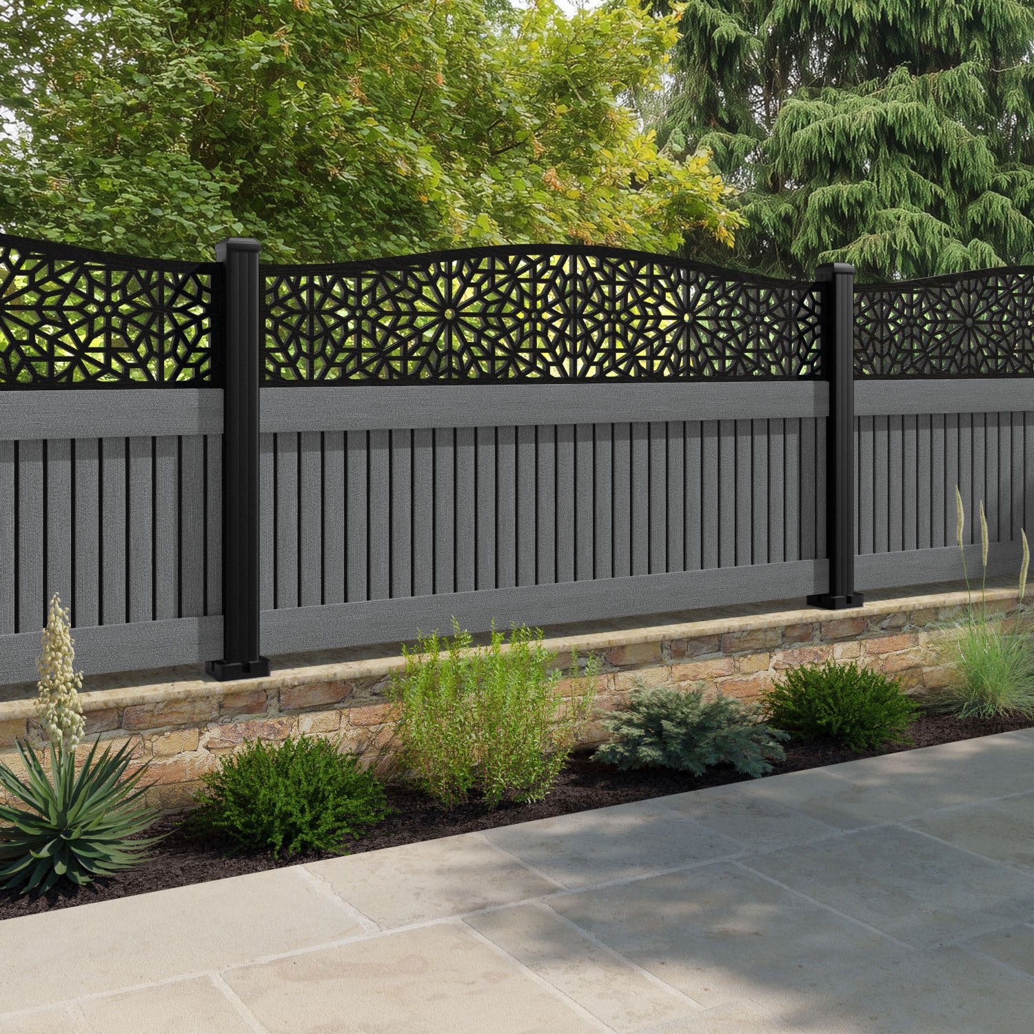 Virtis Alnara Curved Top Fence Panel - Mid Grey - with our aluminium posts