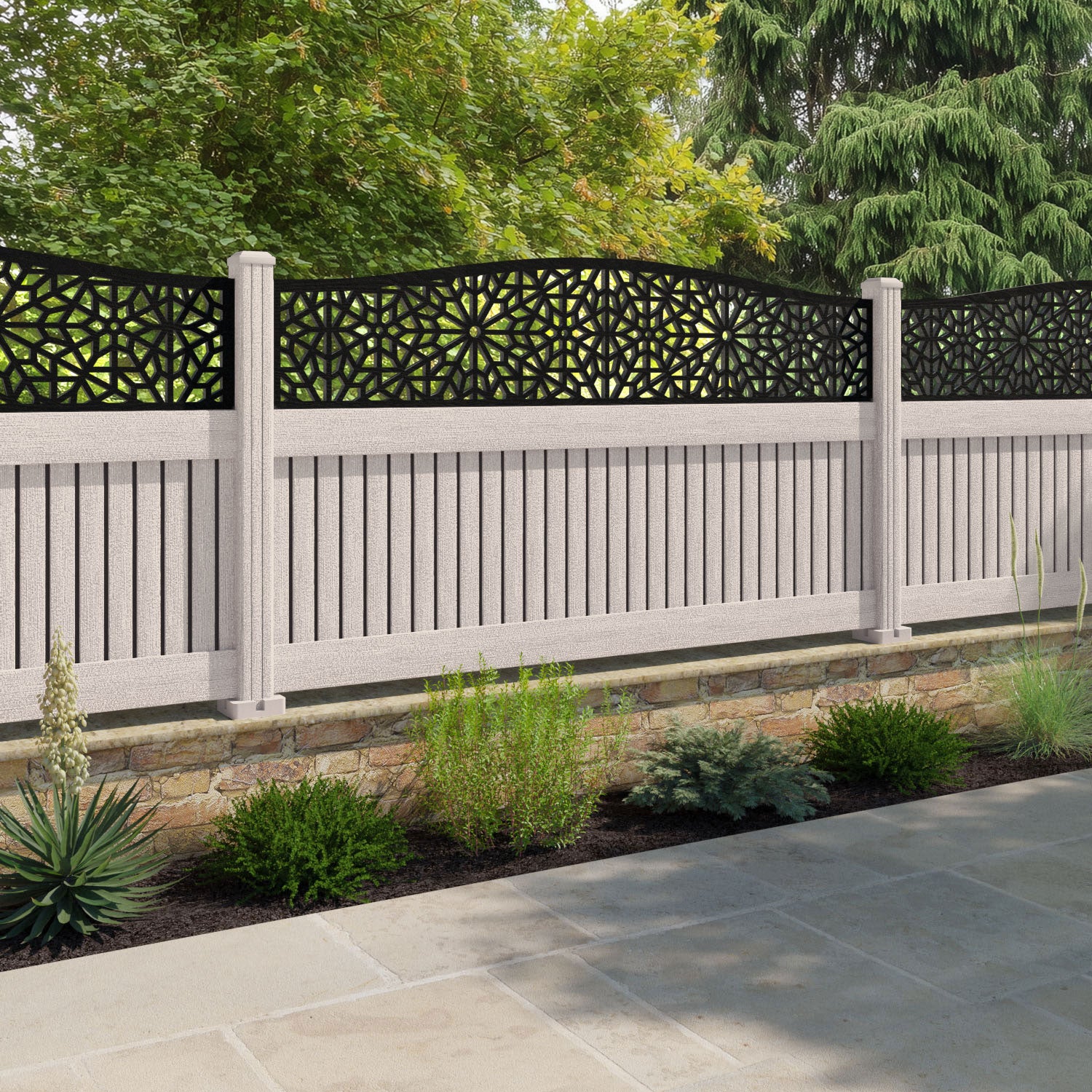 Virtis Alnara Curved Top Fence Panel - Mid Stone - with our composite posts