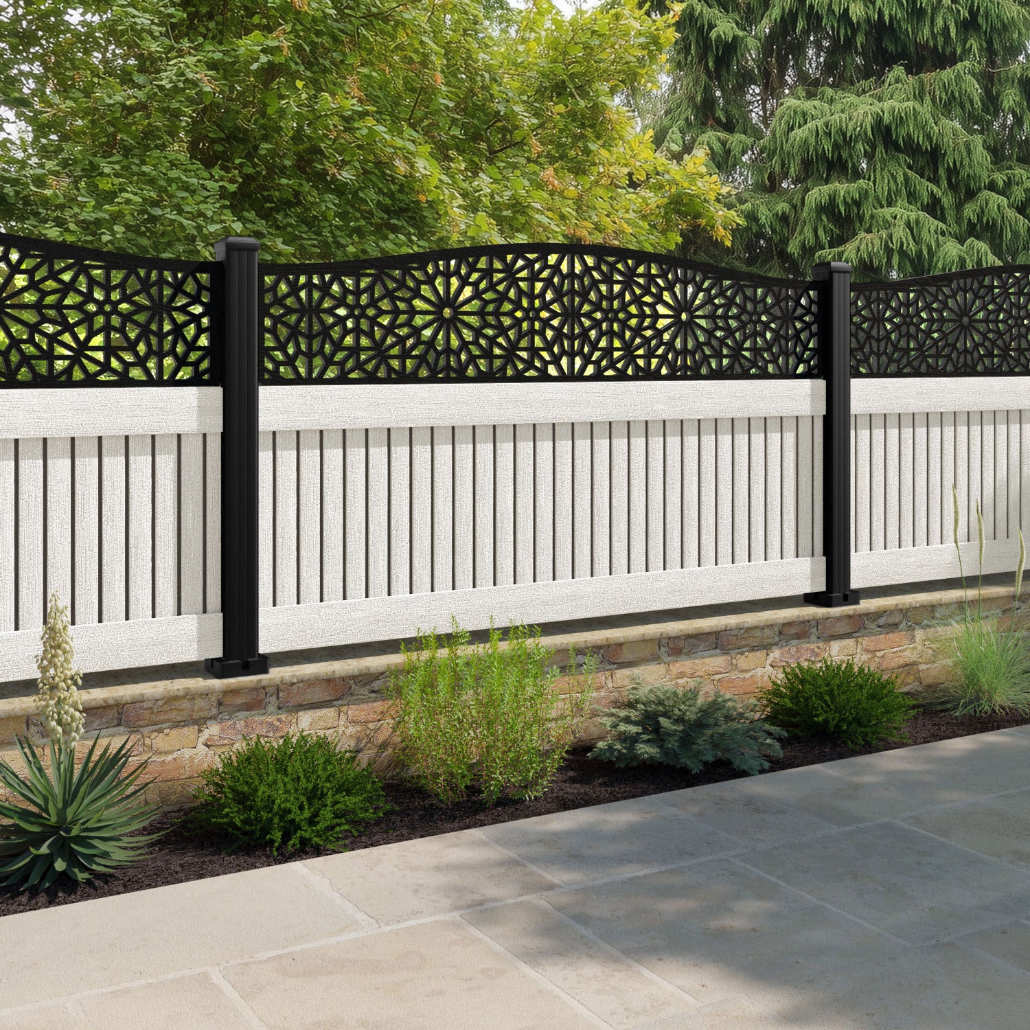 Virtis Alnara Curved Top Fence Panel - Light Stone - with our composite posts