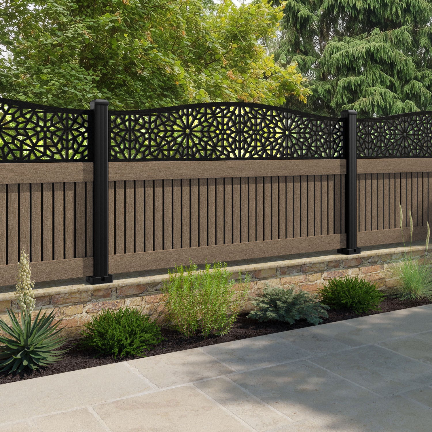 Virtis Alnara Curved Top Fence Panel - Teak - with our composite posts
