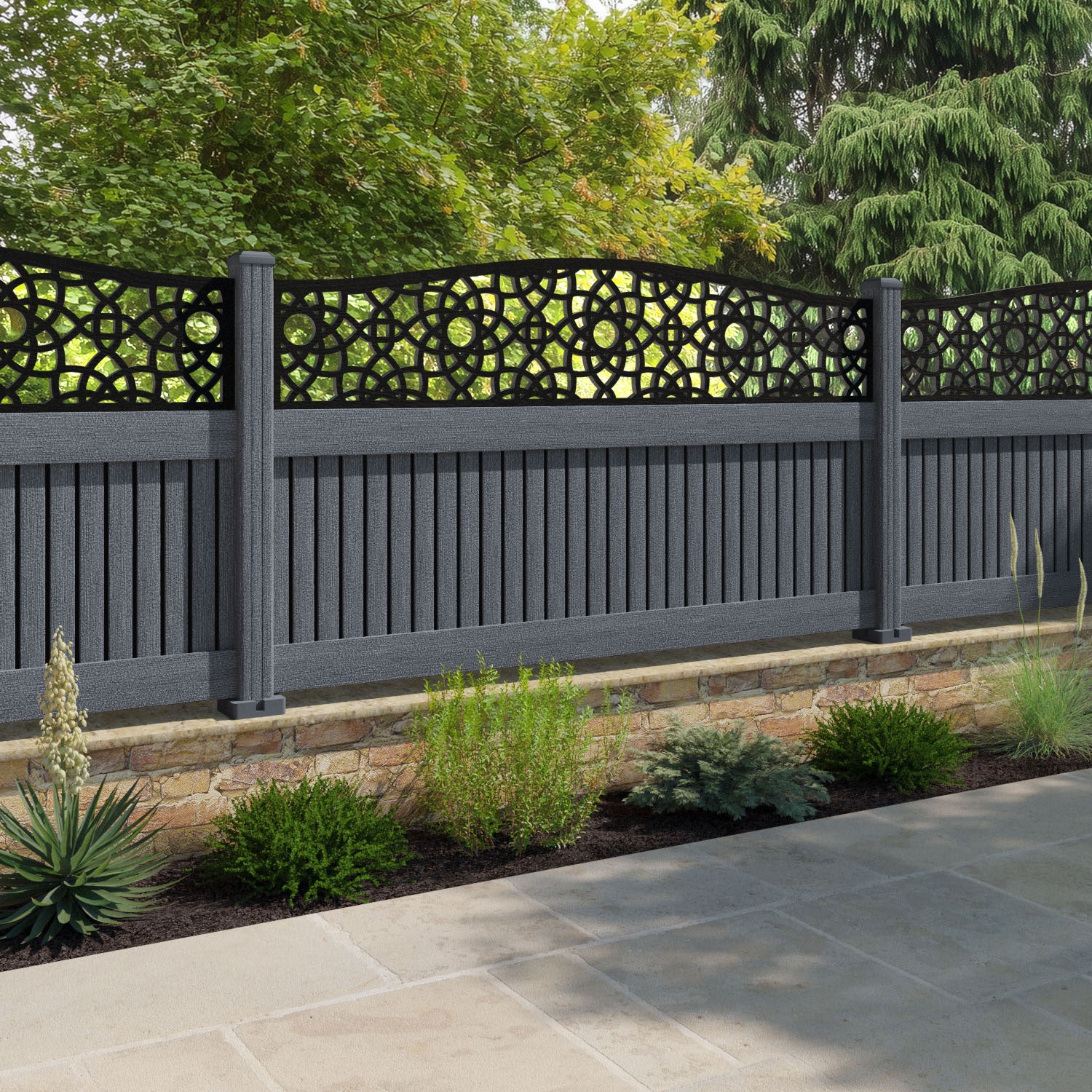 Virtis Ambar Curved Top Fence Panel - Anthracite - with our composite posts