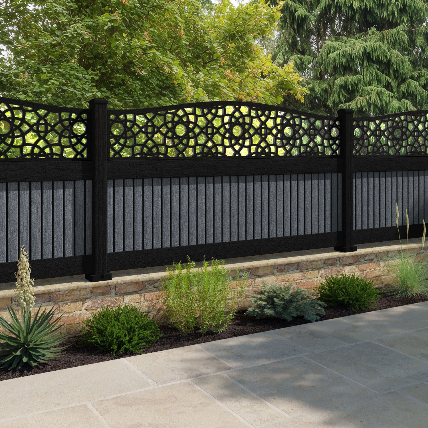 Virtis Ambar Curved Top Fence Panel - Anthracite - with our aluminium posts