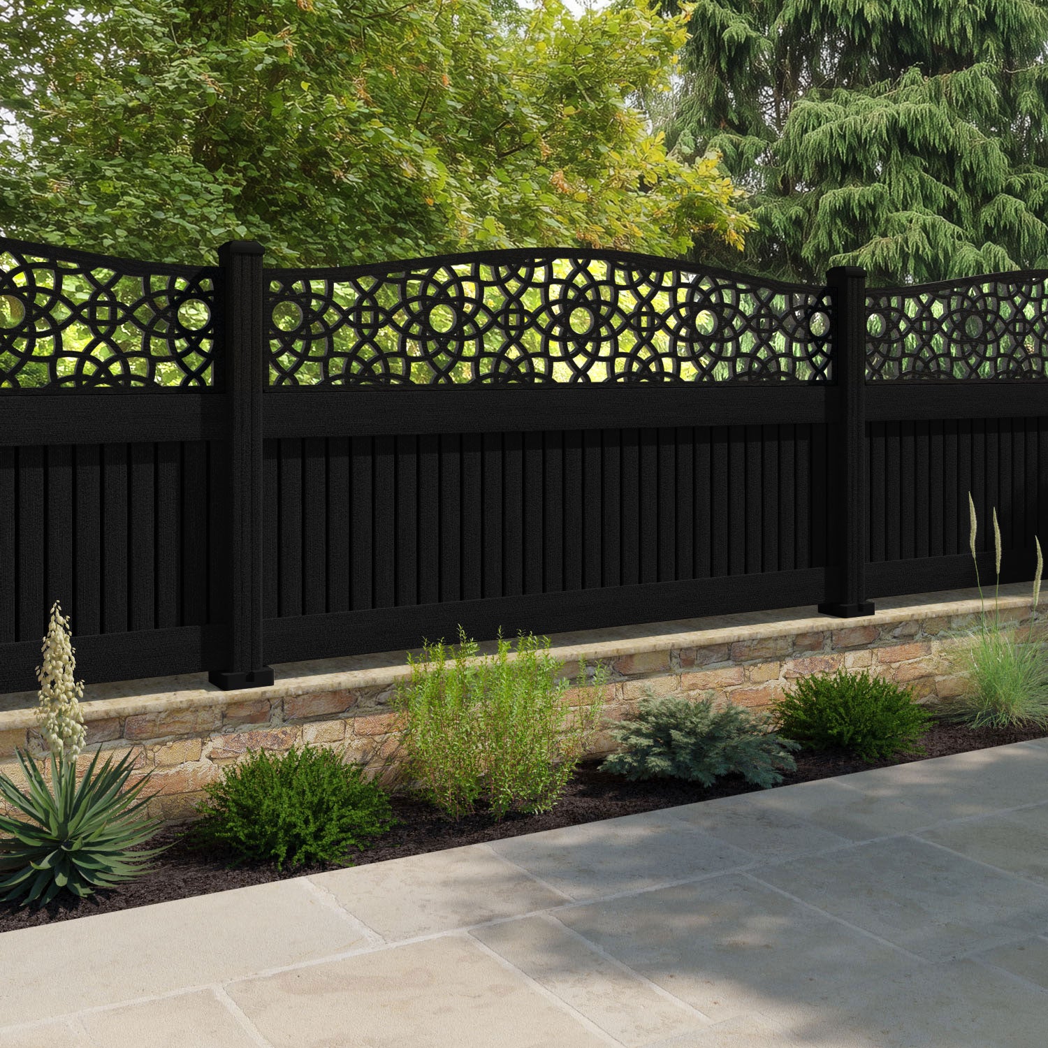 Virtis Ambar Curved Top Fence Panel - Black - with our composite posts