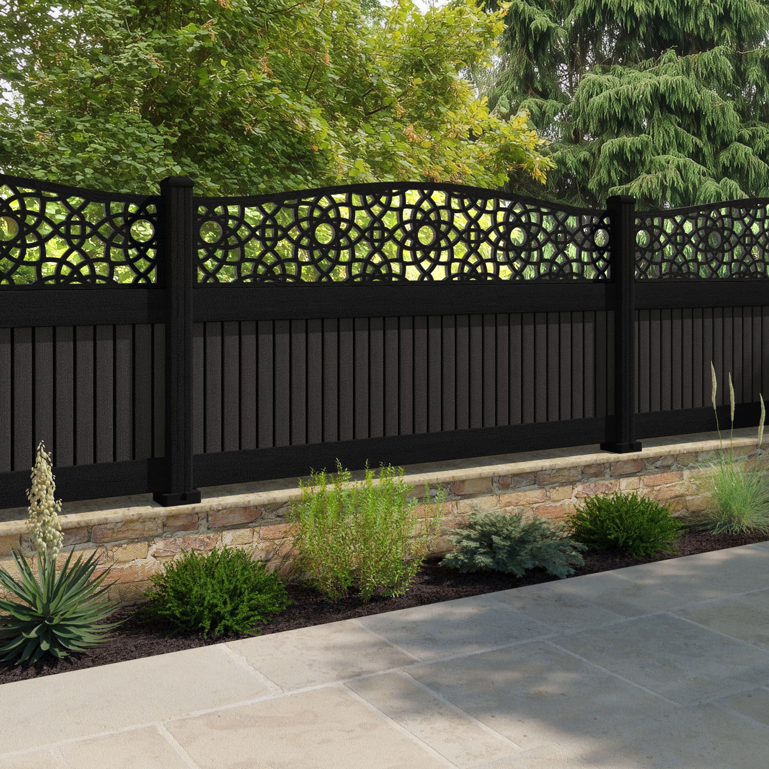 Virtis Ambar Curved Top Fence Panel - Dark Oak - with our aluminium posts