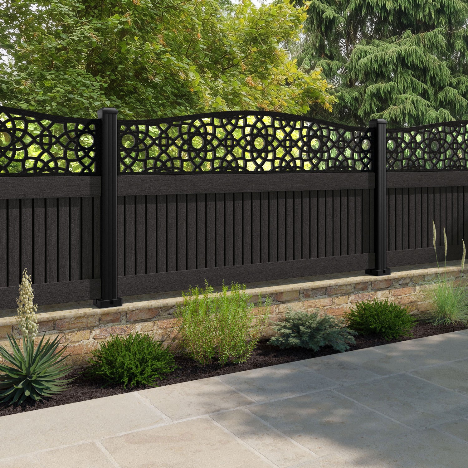 Virtis Ambar Curved Top Fence Panel - Dark Oak - with our aluminium posts