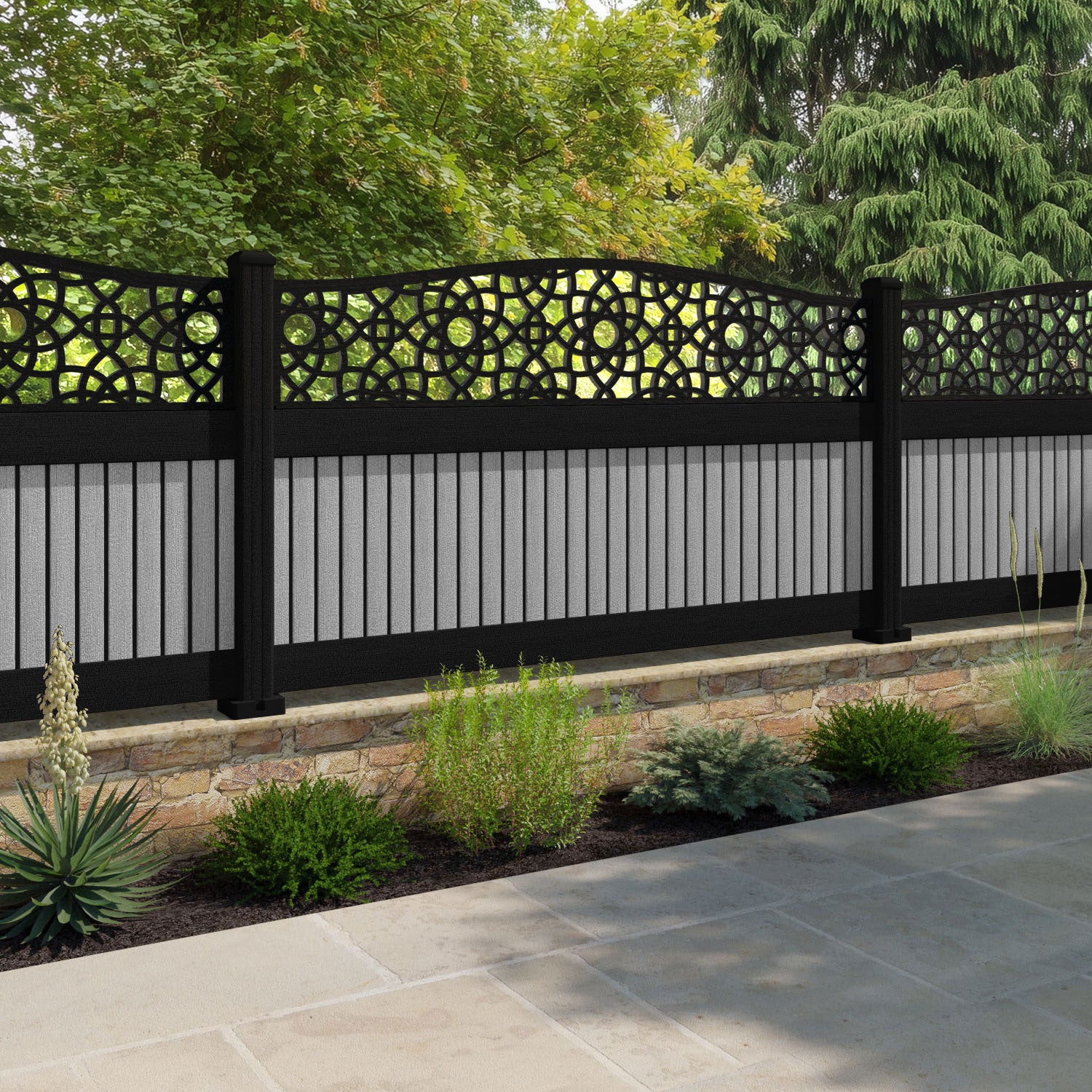 Virtis Ambar Curved Top Fence Panel - Light Grey - with our composite posts