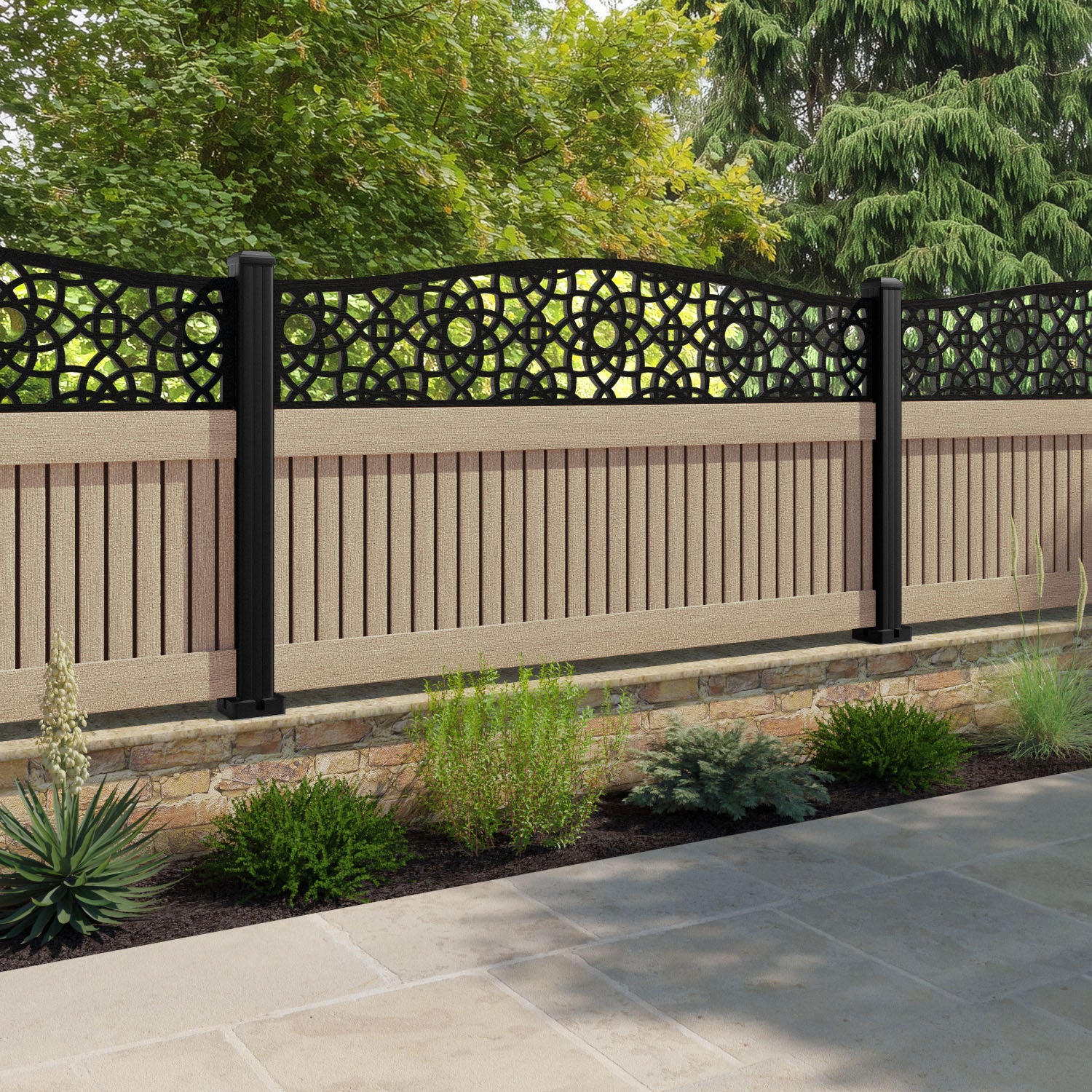 Virtis Ambar Curved Top Fence Panel - Light Oak - with our aluminium posts