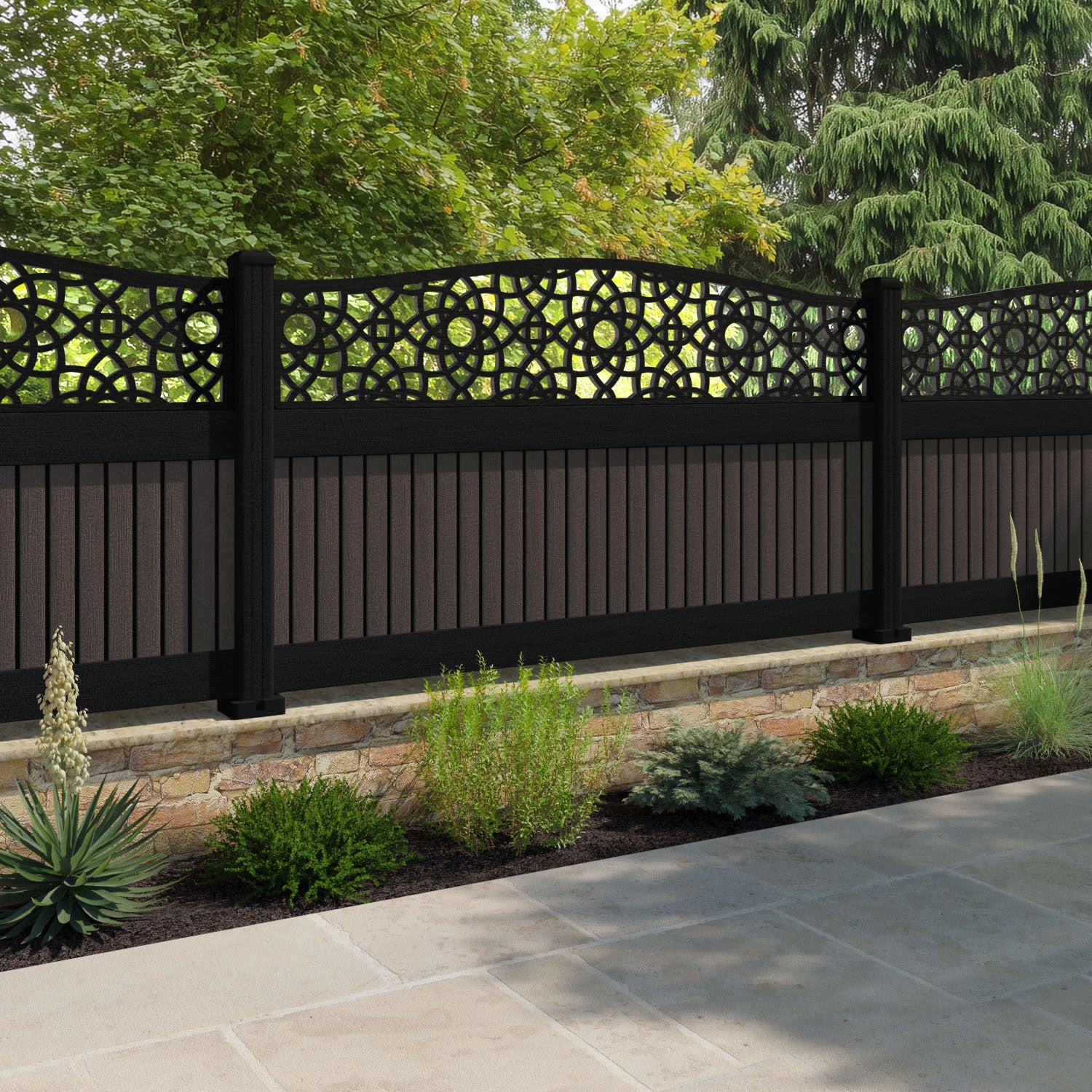 Virtis Ambar Curved Top Fence Panel - Mid Brown - with our aluminium posts