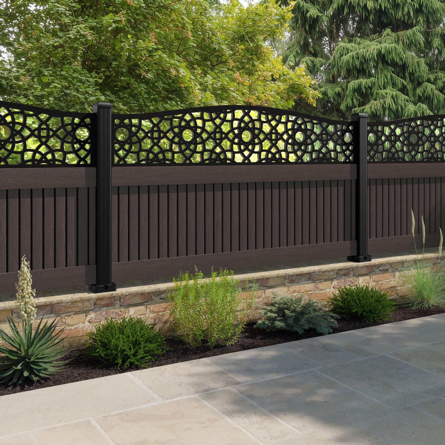 Virtis Ambar Curved Top Fence Panel - Mid Brown - with our composite posts