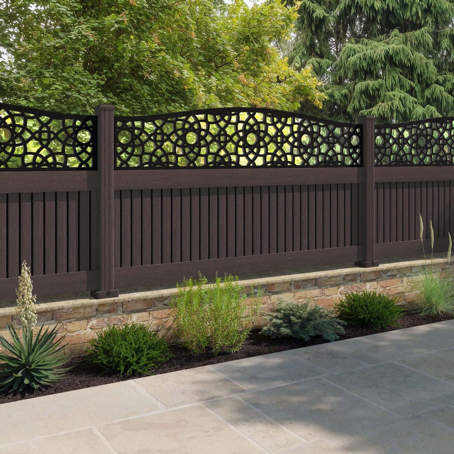Virtis Ambar Curved Top Fence Panel - Mid Brown - with our composite posts