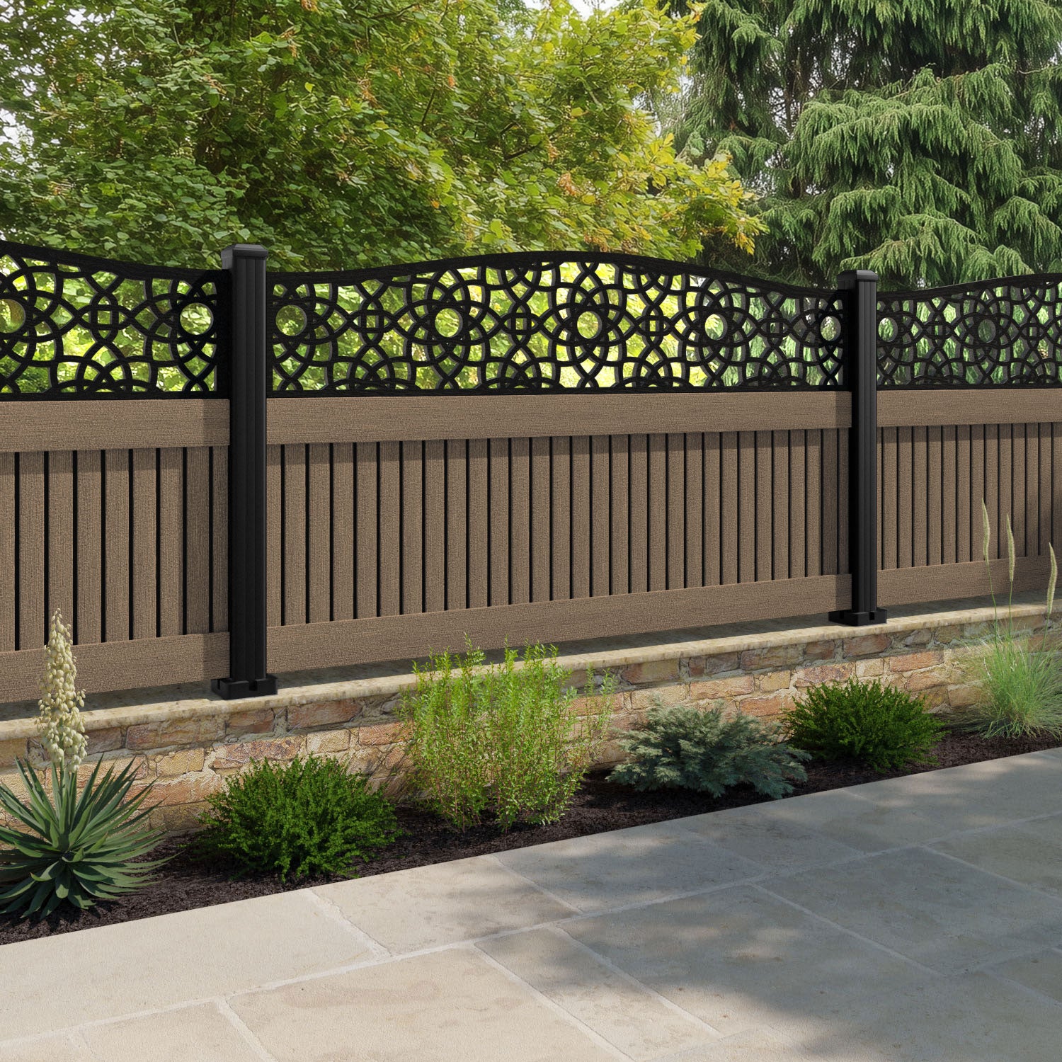 Virtis Ambar Curved Top Fence Panel - Teak - with our composite posts