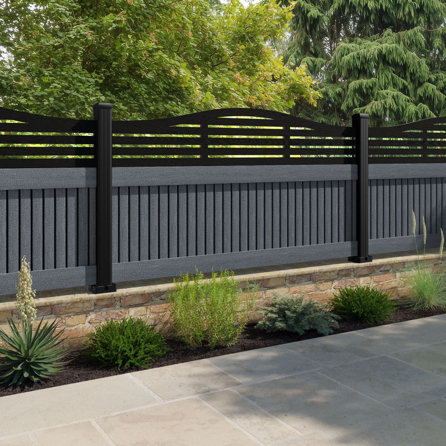 Virtis Aspen Curved Top Fence Panel - Anthracite - with our aluminium posts