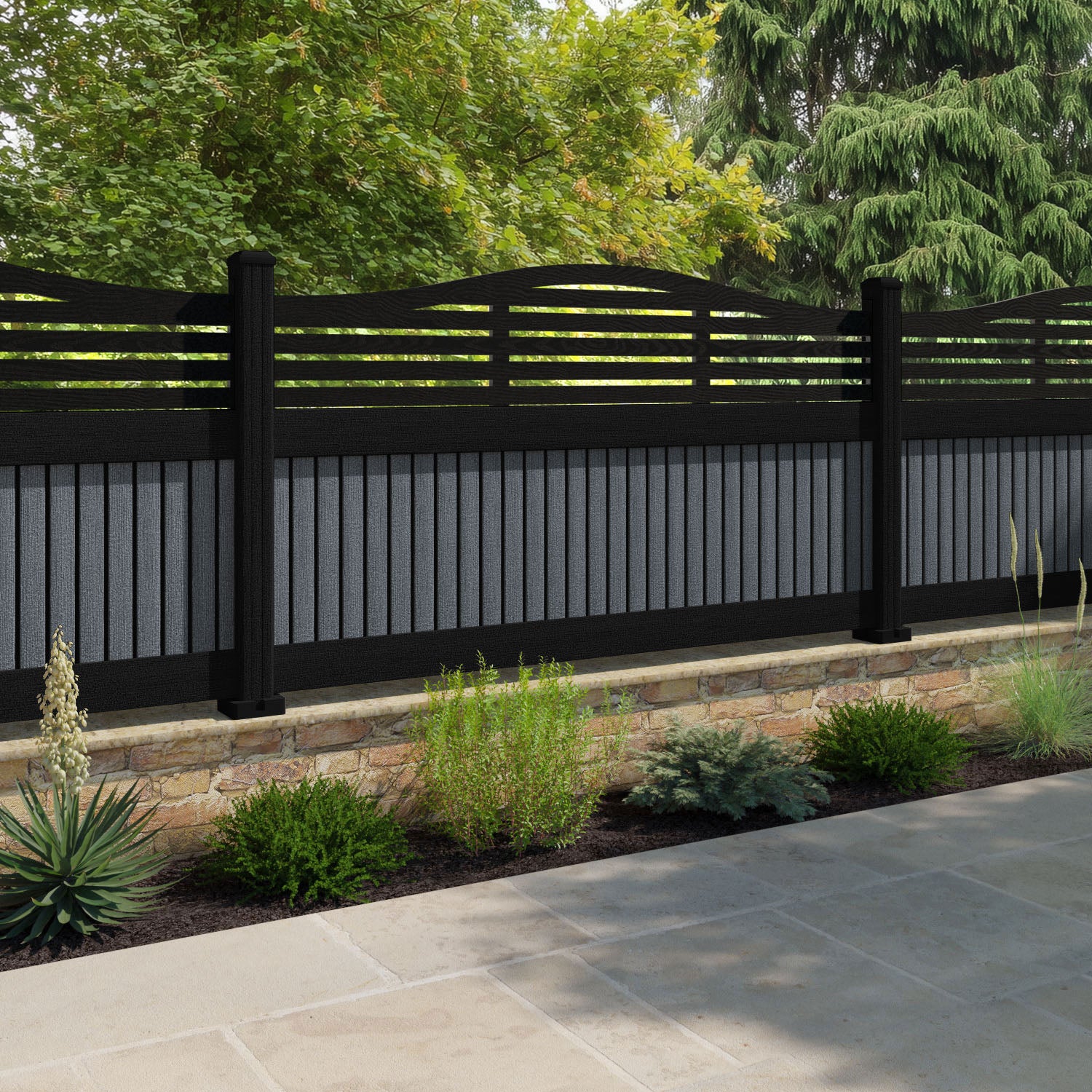 Virtis Aspen Curved Top Fence Panel - Anthracite - with our aluminium posts