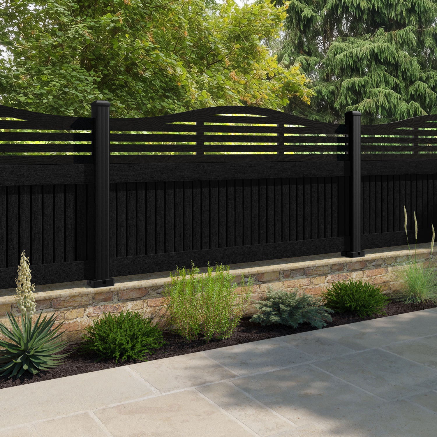 Virtis Aspen Curved Top Fence Panel - Black - with our aluminium posts