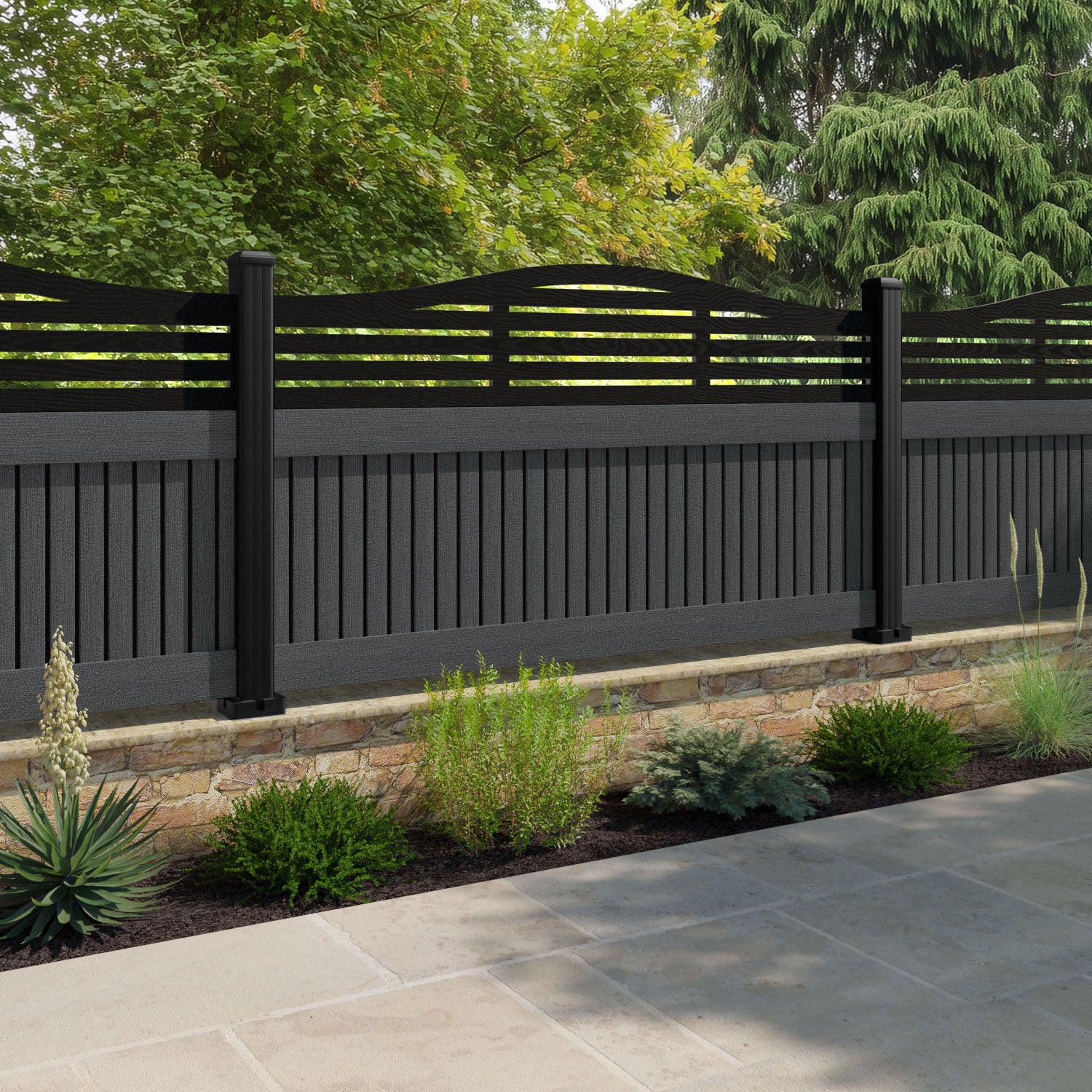 Virtis Aspen Curved Top Fence Panel - Dark Grey - with our aluminium posts