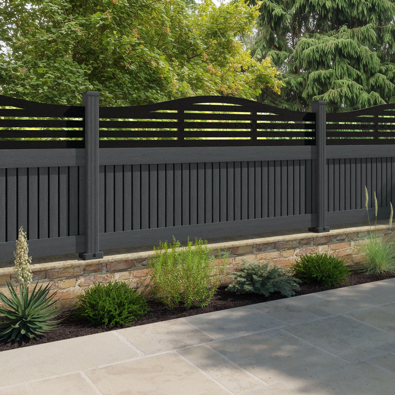 Virtis Aspen Curved Top Fence Panel - Dark Grey - with our composite posts