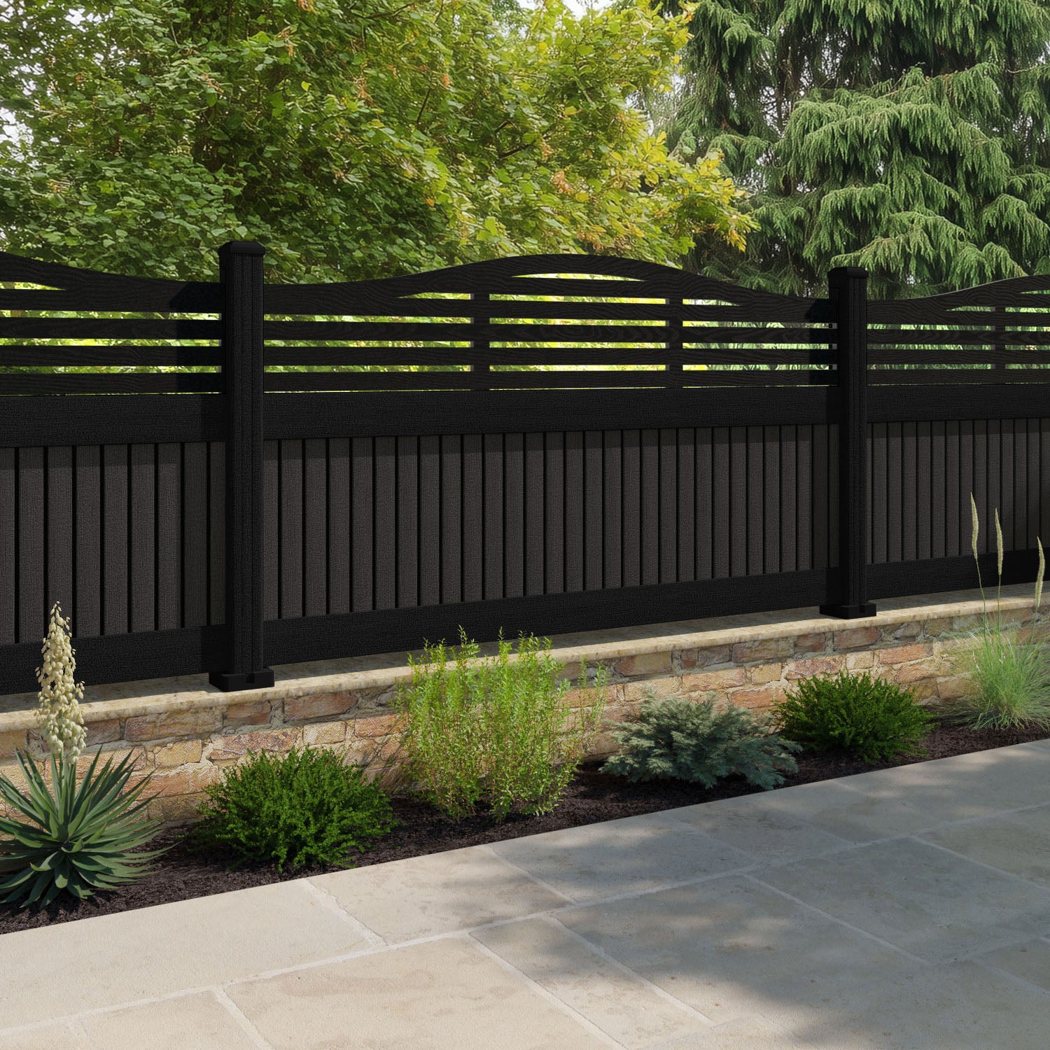 Virtis Aspen Curved Top Fence Panel - Dark Oak - with our composite posts