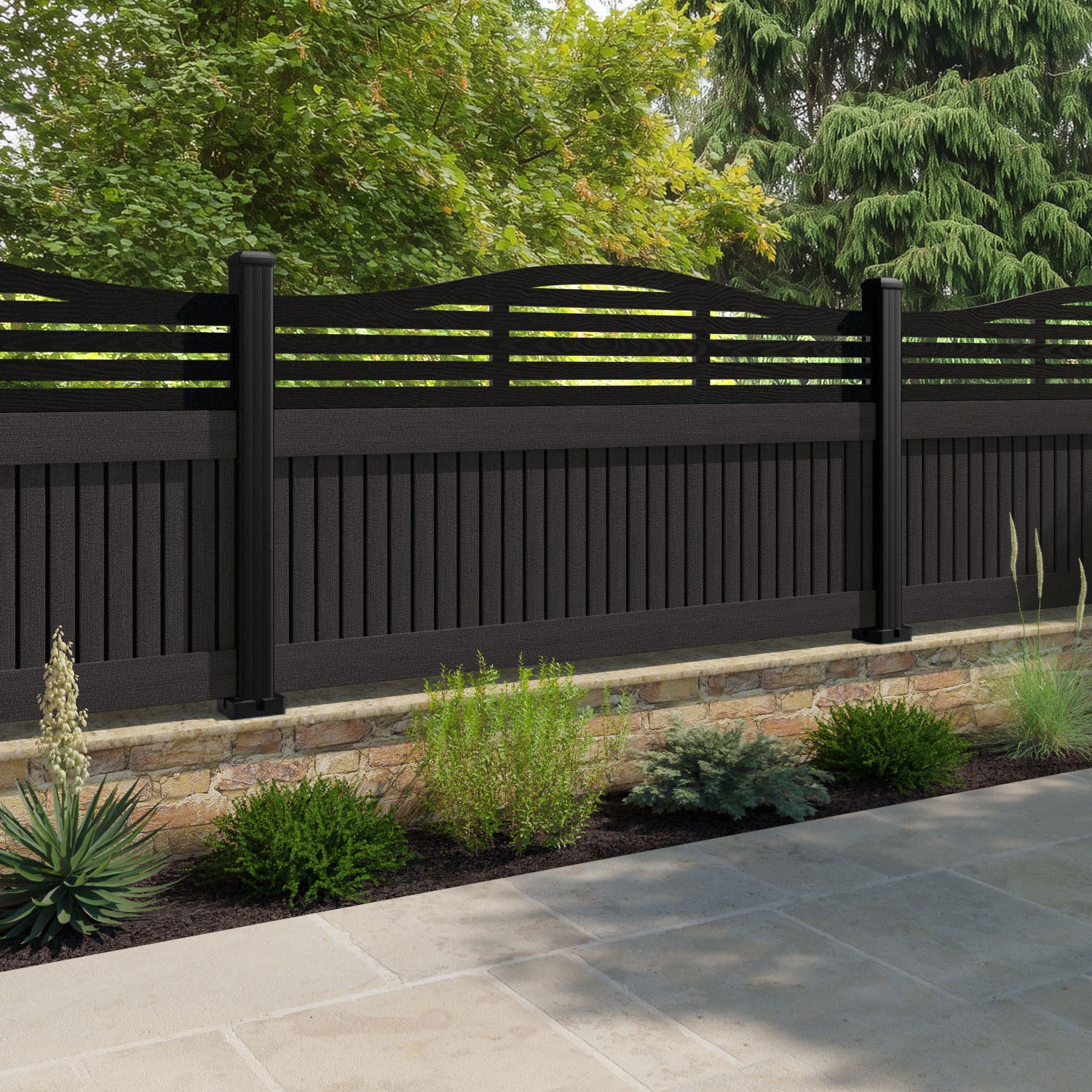Virtis Aspen Curved Top Fence Panel - Dark Oak - with our composite posts