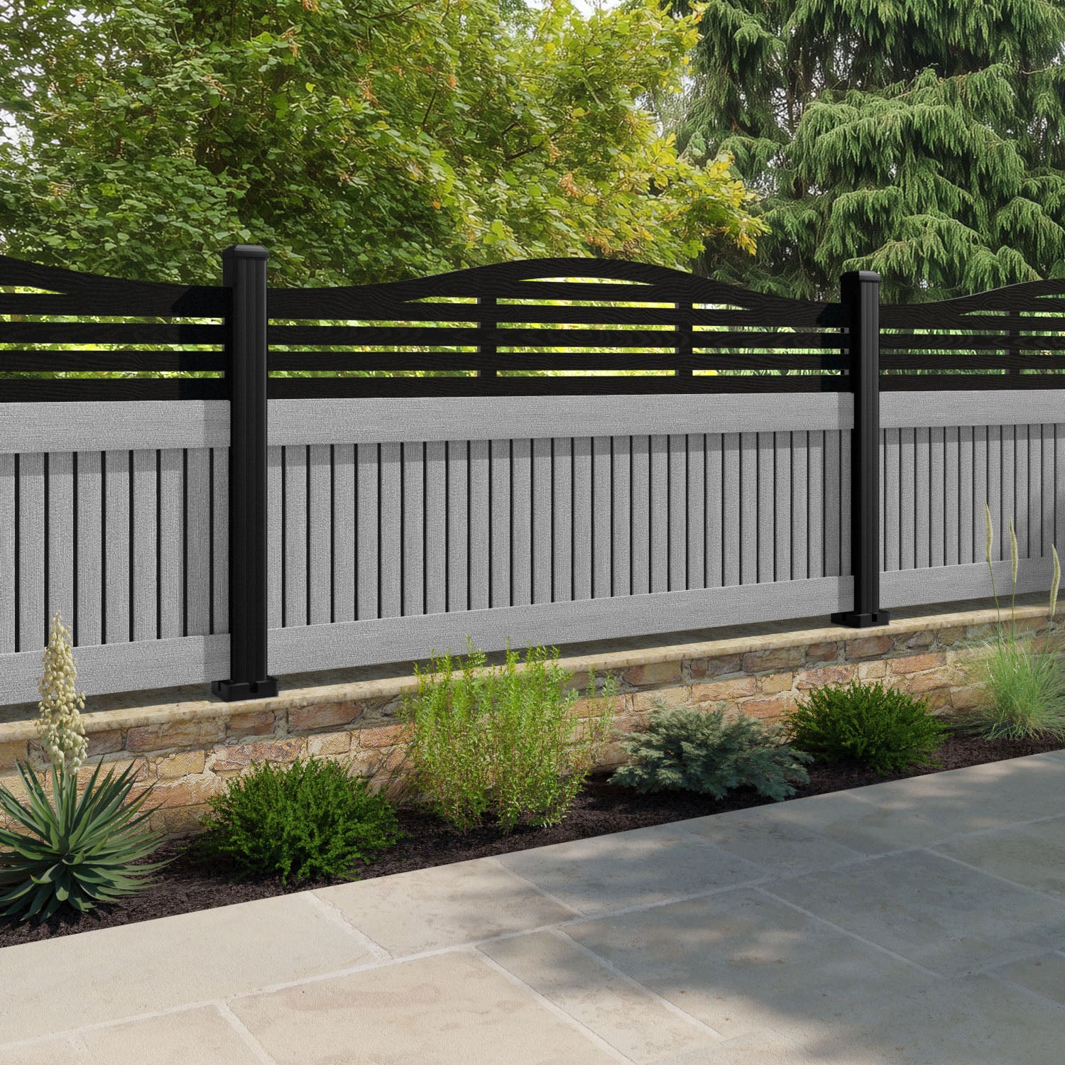 Virtis Aspen Curved Top Fence Panel - Light Grey - with our aluminium posts