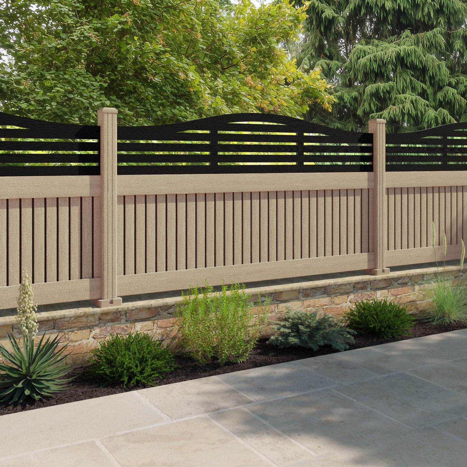Virtis Aspen Curved Top Fence Panel - Light Oak - with our composite posts