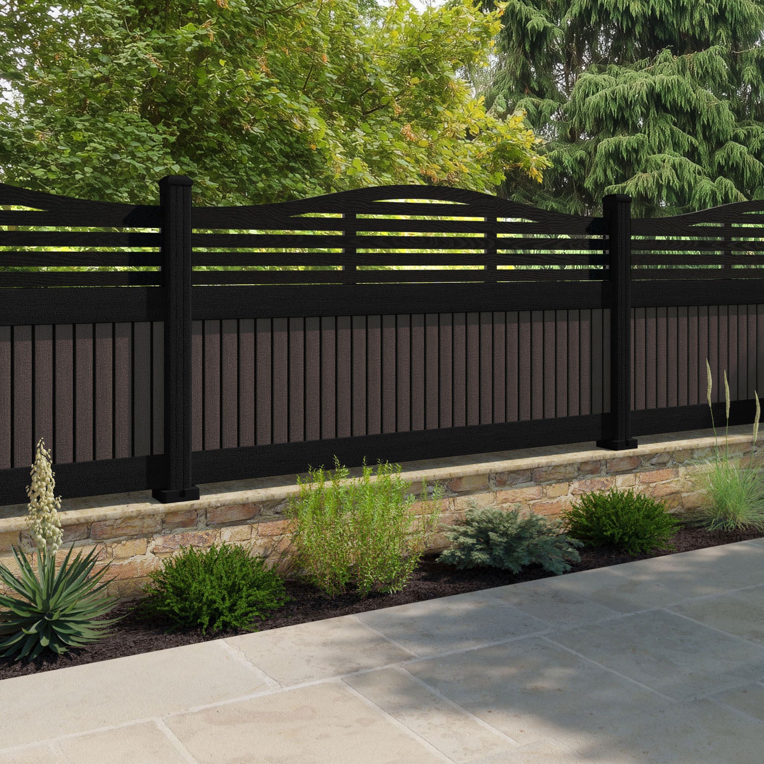 Virtis Aspen Curved Top Fence Panel - Mid Brown - with our aluminium posts