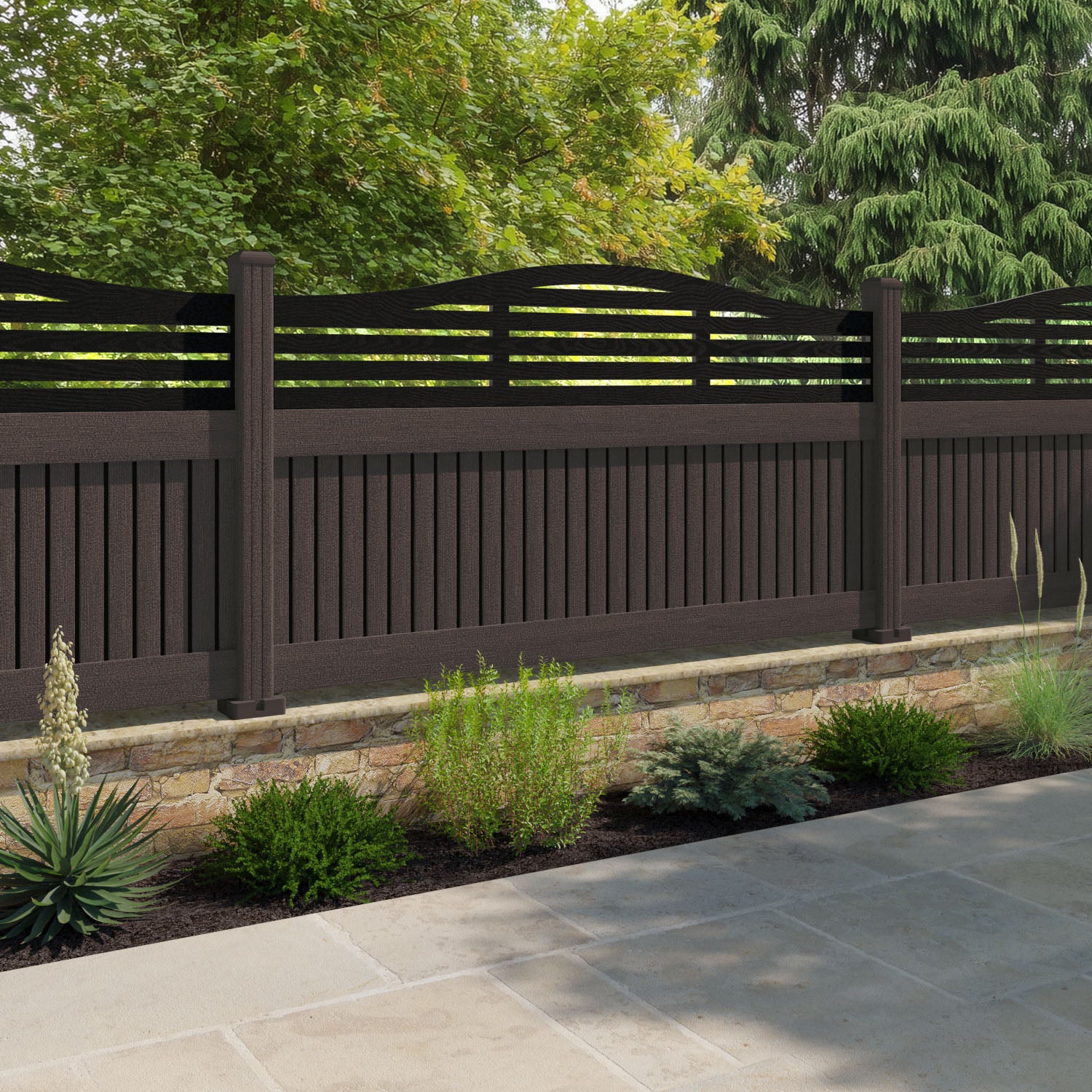 Virtis Aspen Curved Top Fence Panel - Mid Brown - with our composite posts