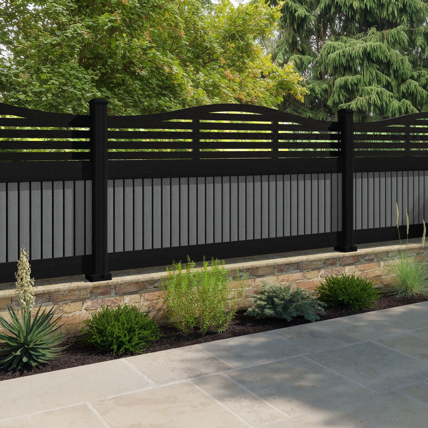 Virtis Aspen Curved Top Fence Panel - Mid Grey - with our composite posts