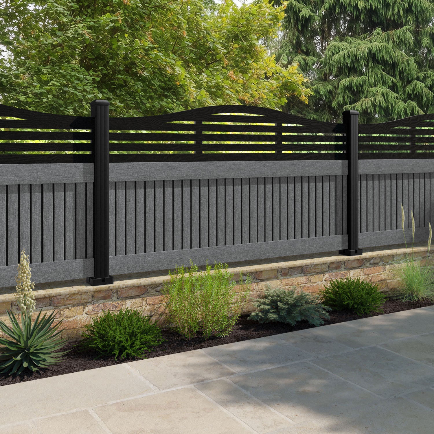 Virtis Aspen Curved Top Fence Panel - Mid Grey - with our composite posts