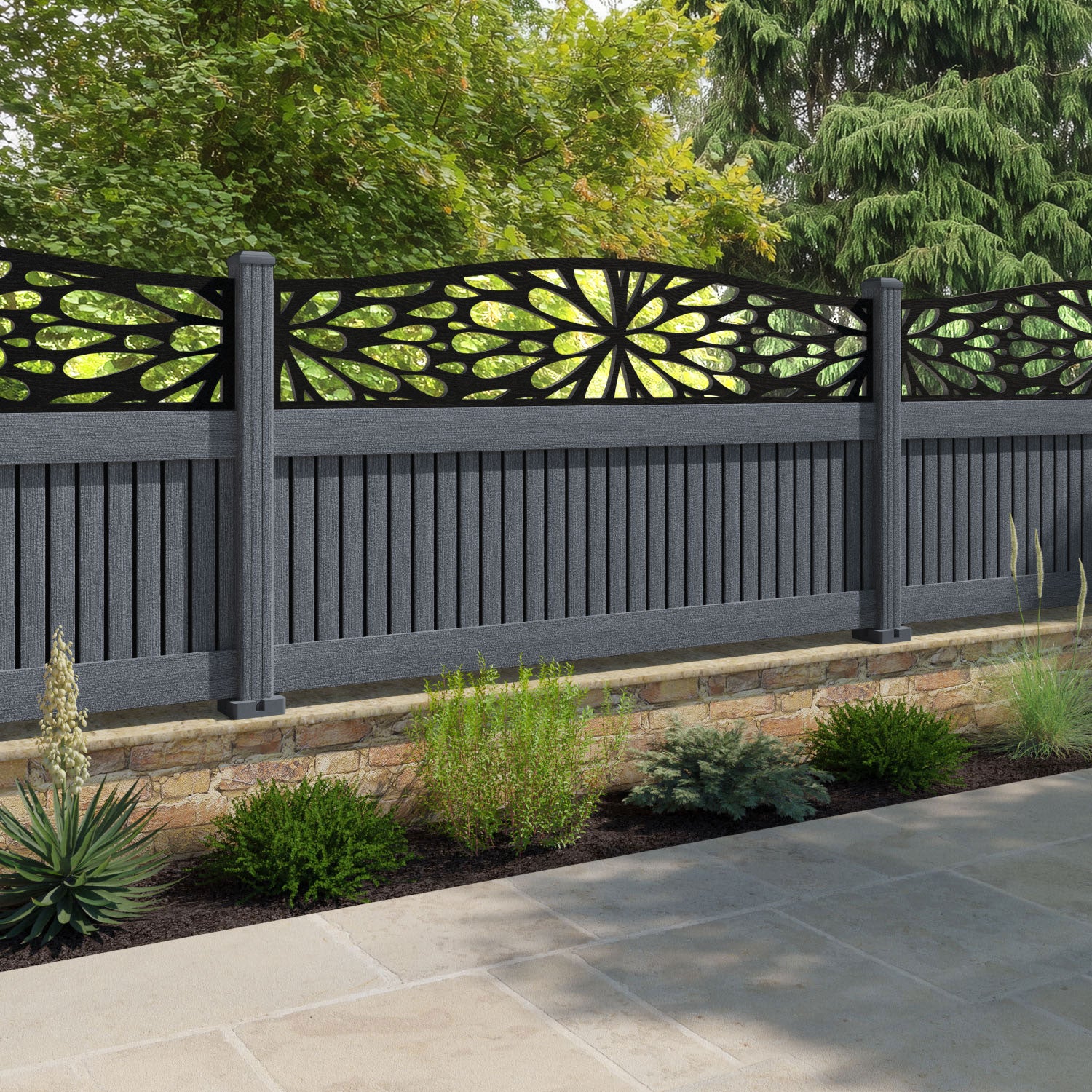 Virtis Blossom Curved Top Fence Panel - Anthracite - with our composite posts