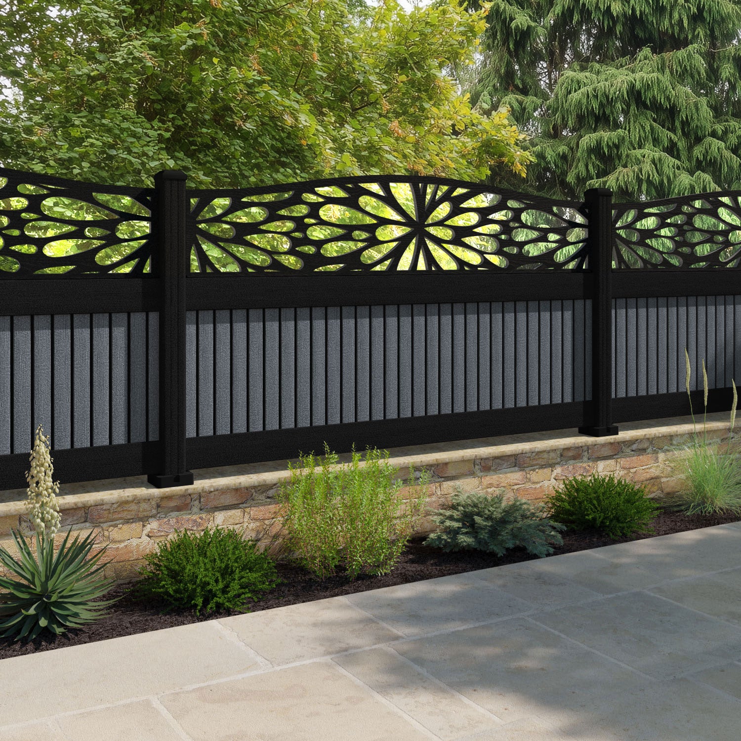 Virtis Blossom Curved Top Fence Panel - Anthracite - with our composite posts