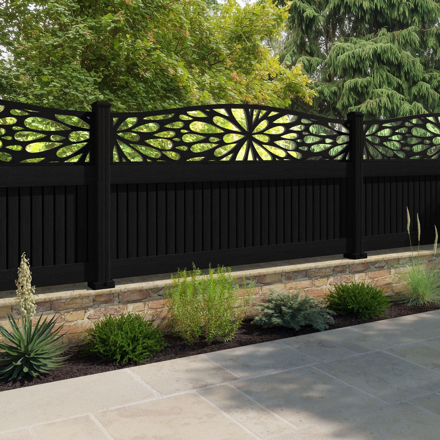 Virtis Blossom Curved Top Fence Panel - Black - with our composite posts