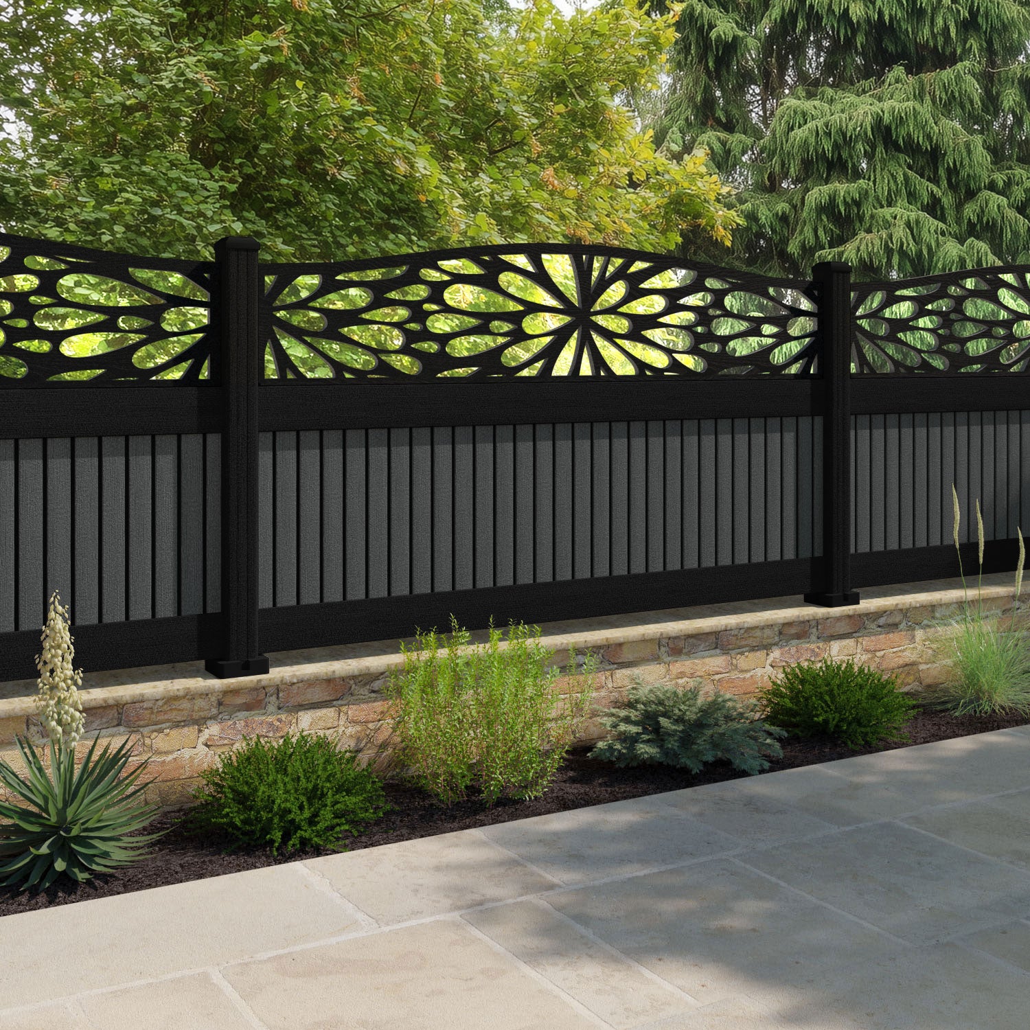 Virtis Blossom Curved Top Fence Panel - Dark Grey - with our aluminium posts