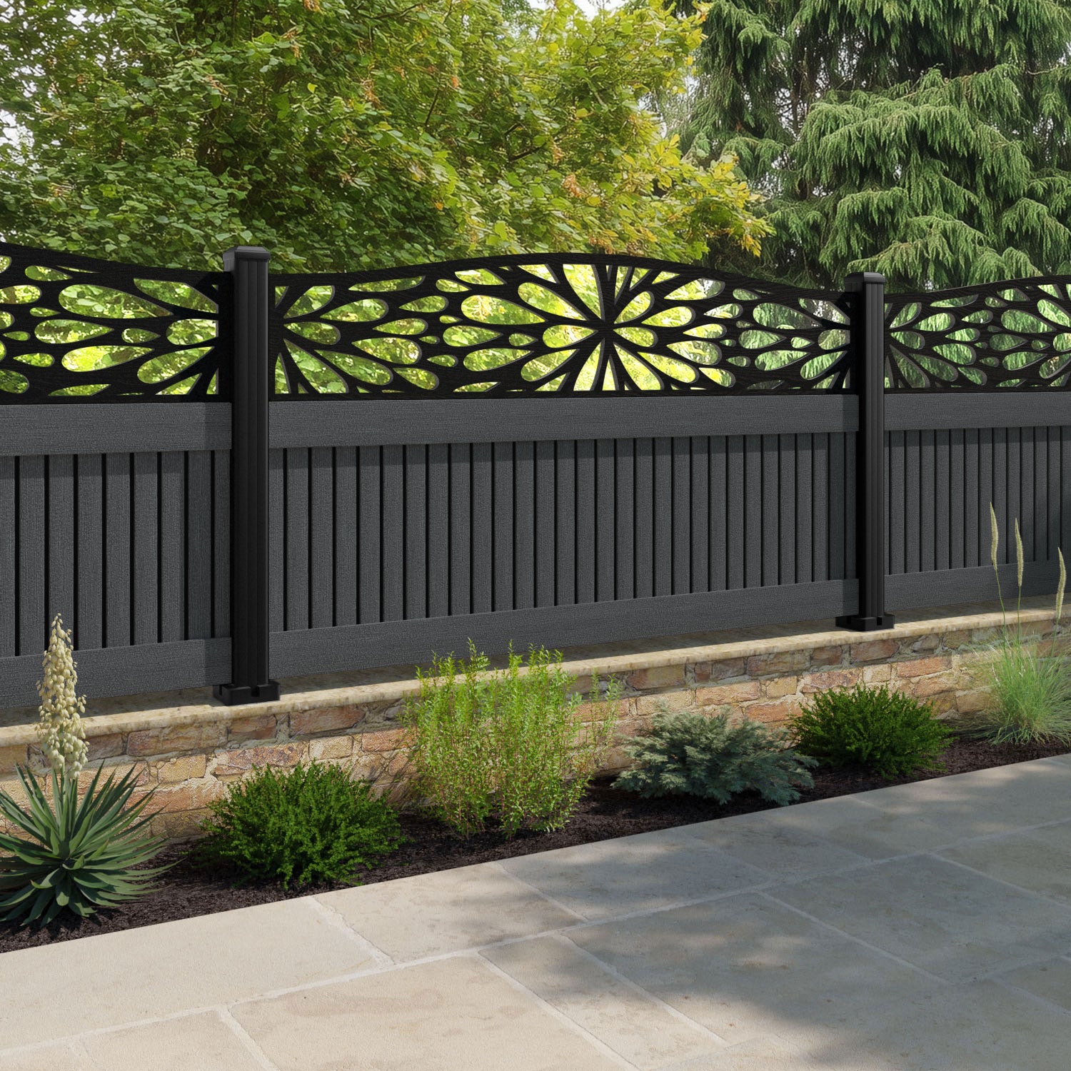 Virtis Blossom Curved Top Fence Panel - Dark Grey - with our aluminium posts
