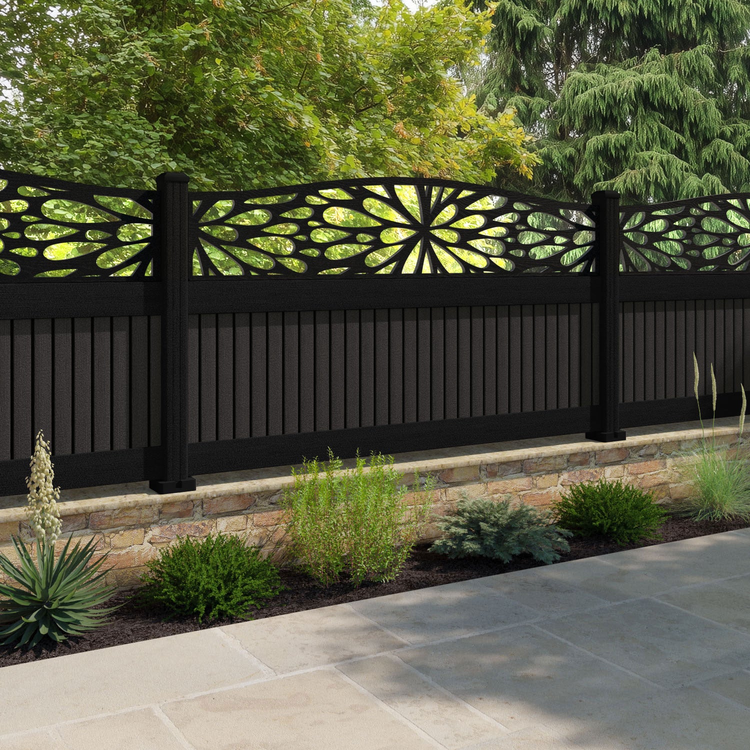 Virtis Blossom Curved Top Fence Panel - Dark Oak - with our aluminium posts