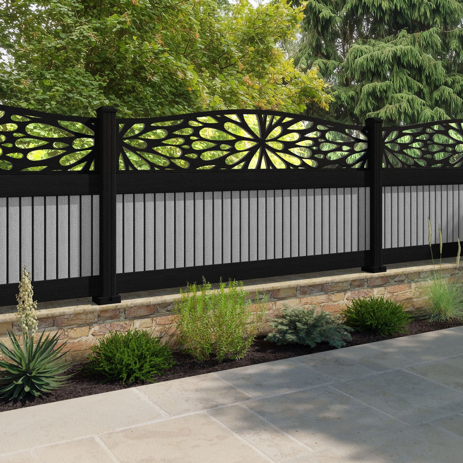 Virtis Blossom Curved Top Fence Panel - Light Grey - with our composite posts