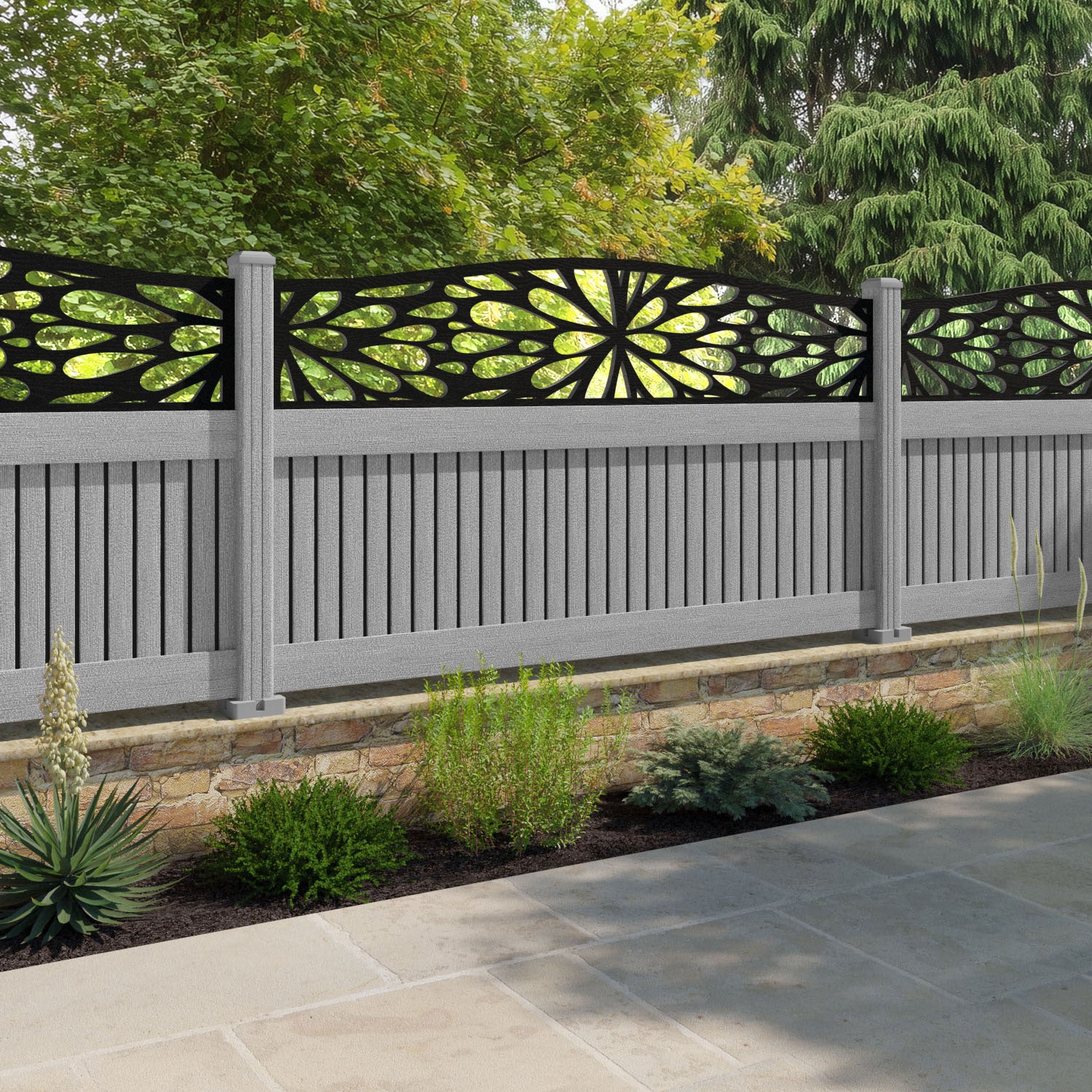 Virtis Blossom Curved Top Fence Panel - Light Grey - with our composite posts