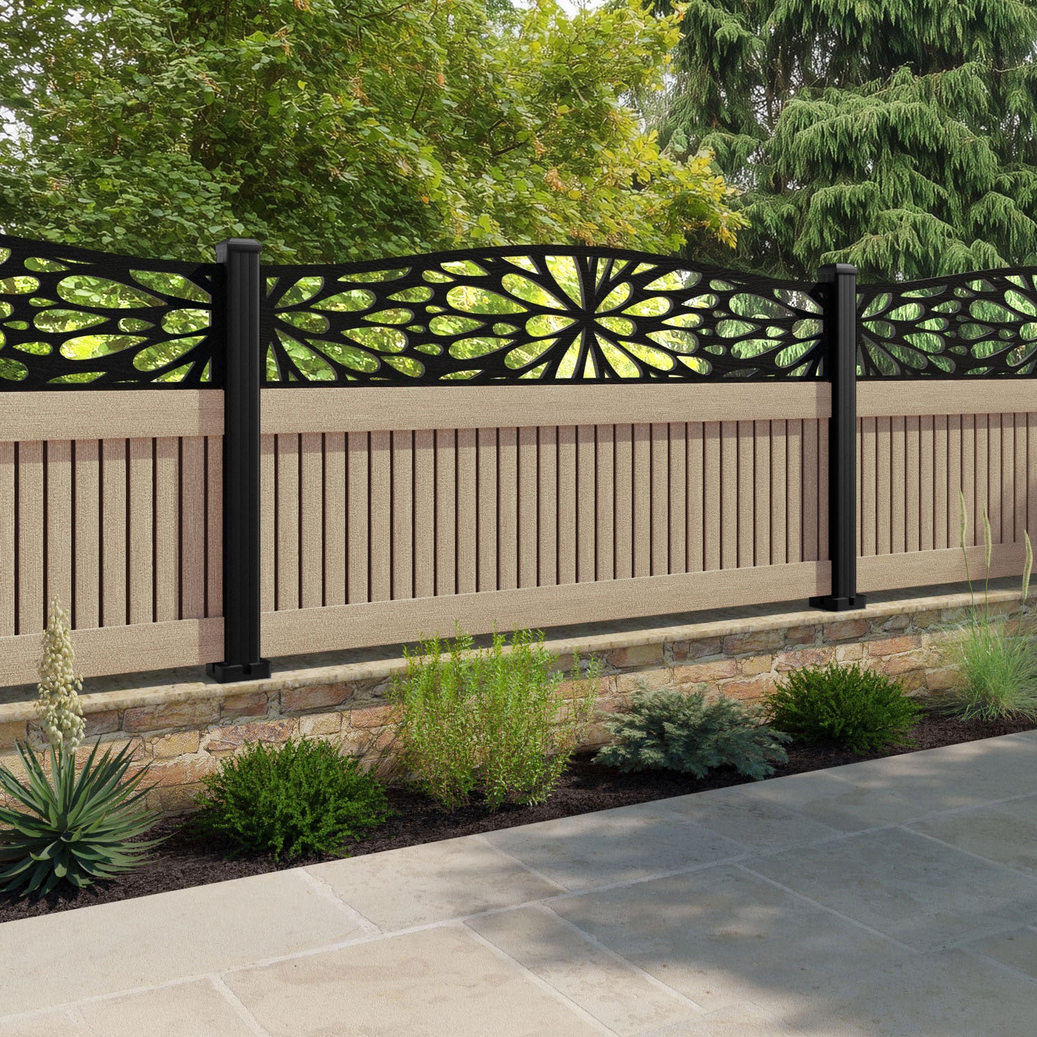Virtis Blossom Curved Top Fence Panel - Light Oak - with our aluminium posts
