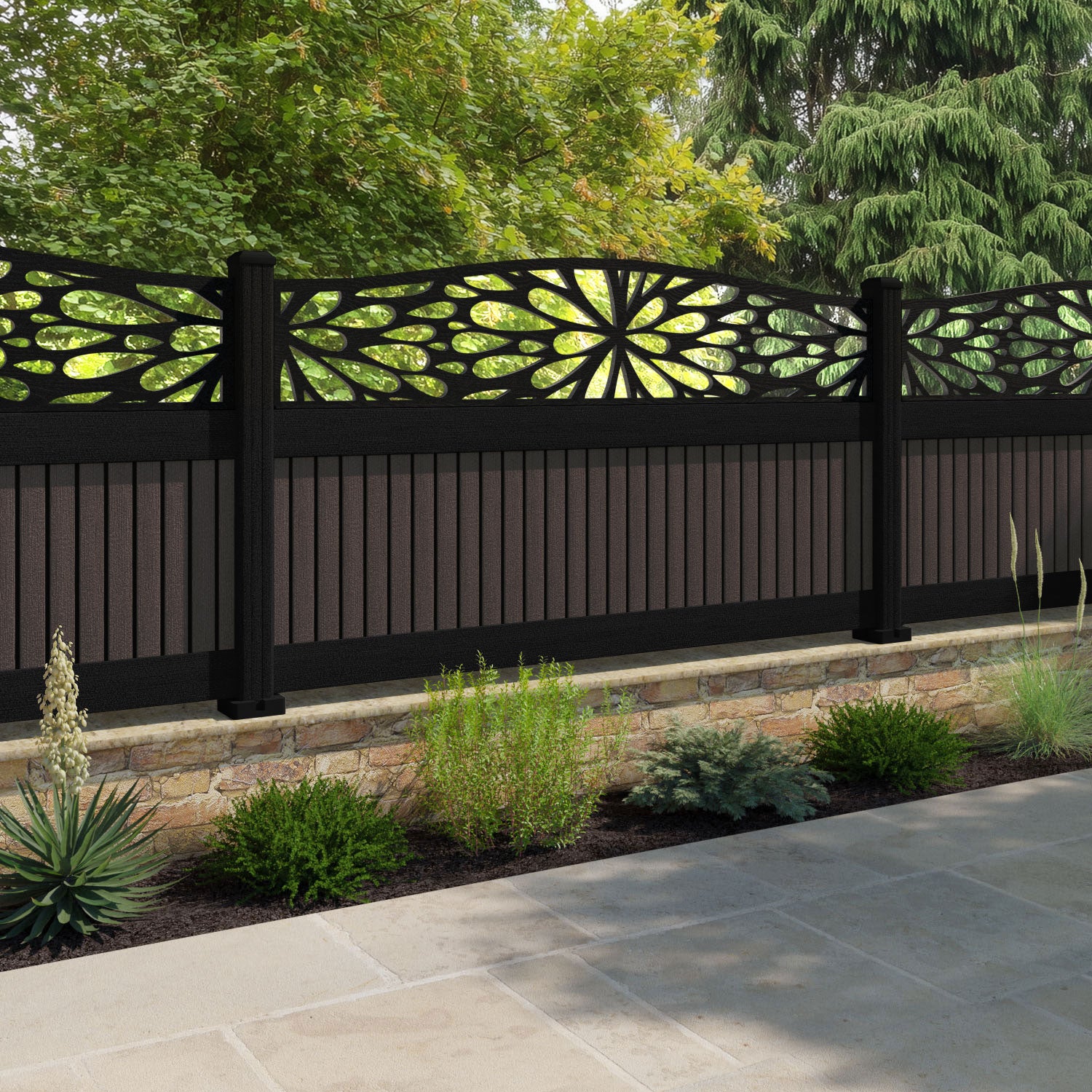Virtis Blossom Curved Top Fence Panel - Mid Brown - with our aluminium posts