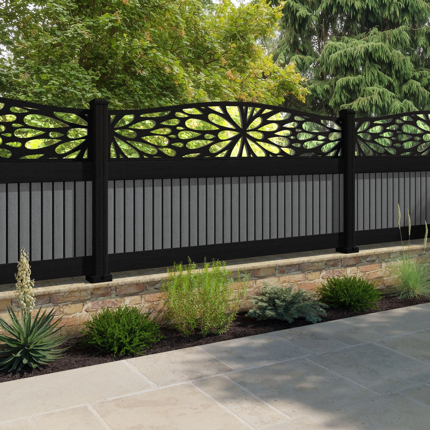 Virtis Blossom Curved Top Fence Panel - Mid Grey - with our aluminium posts