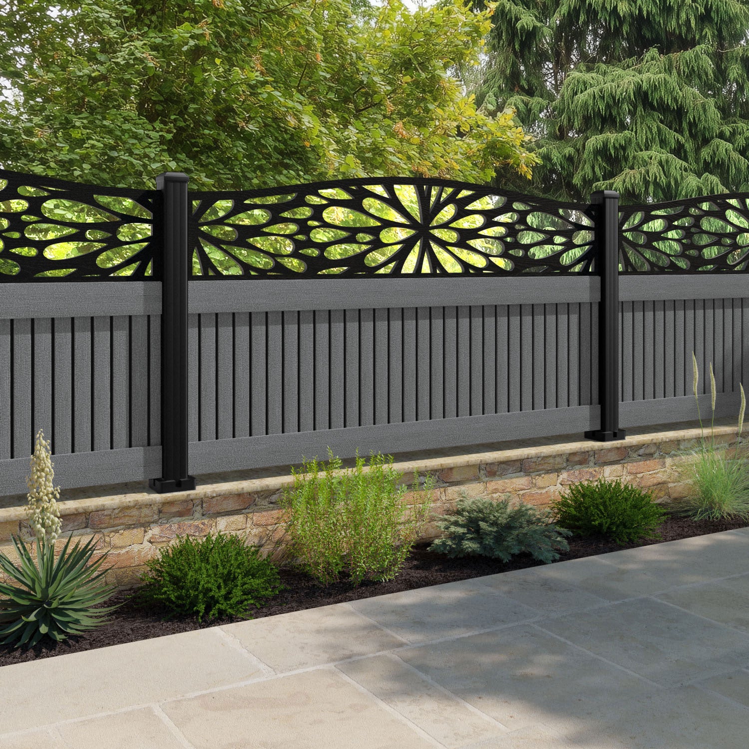 Virtis Blossom Curved Top Fence Panel - Mid Grey - with our composite posts