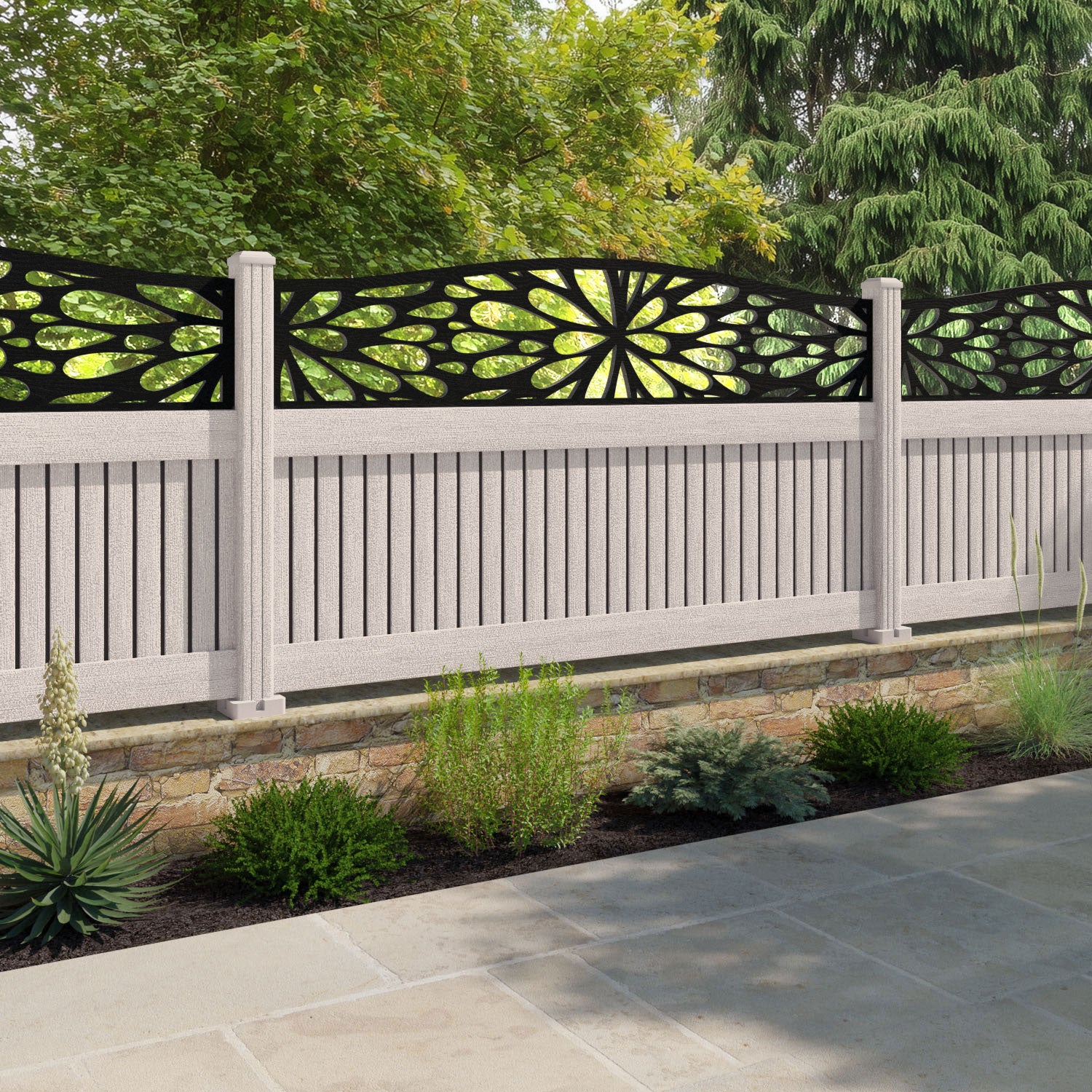 Virtis Blossom Curved Top Fence Panel - Mid Stone - with our composite posts