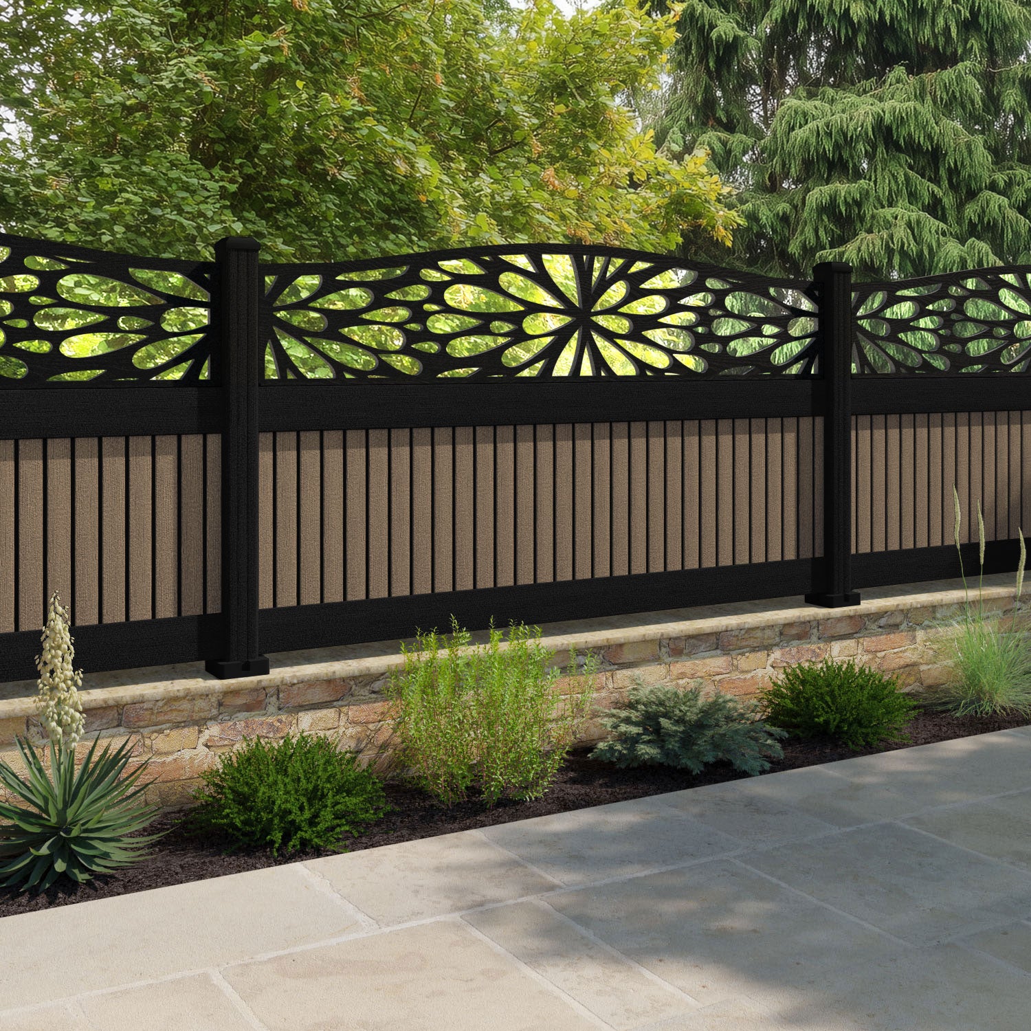 Virtis Blossom Curved Top Fence Panel - Teak - with our composite posts