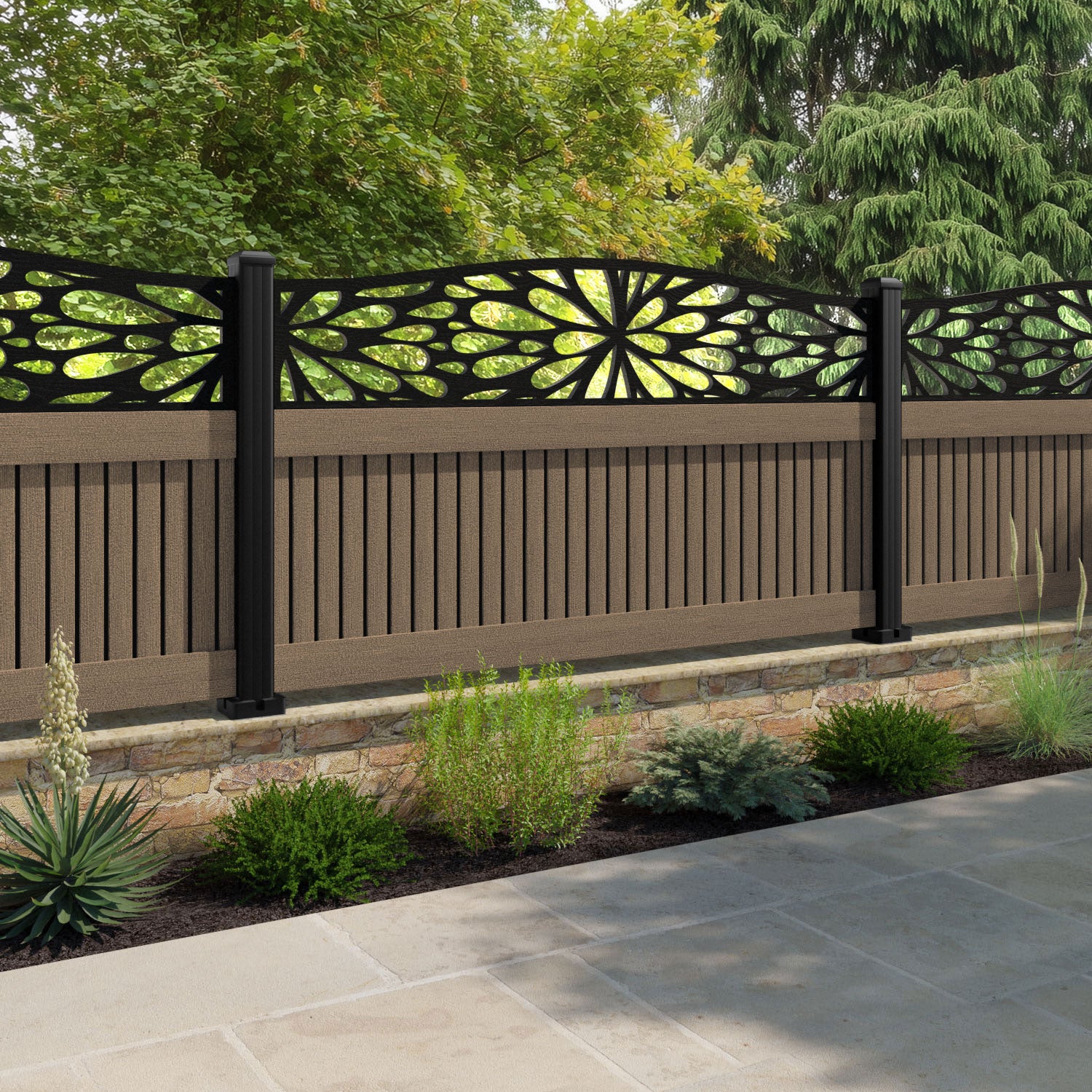 Virtis Blossom Curved Top Fence Panel - Teak - with our composite posts