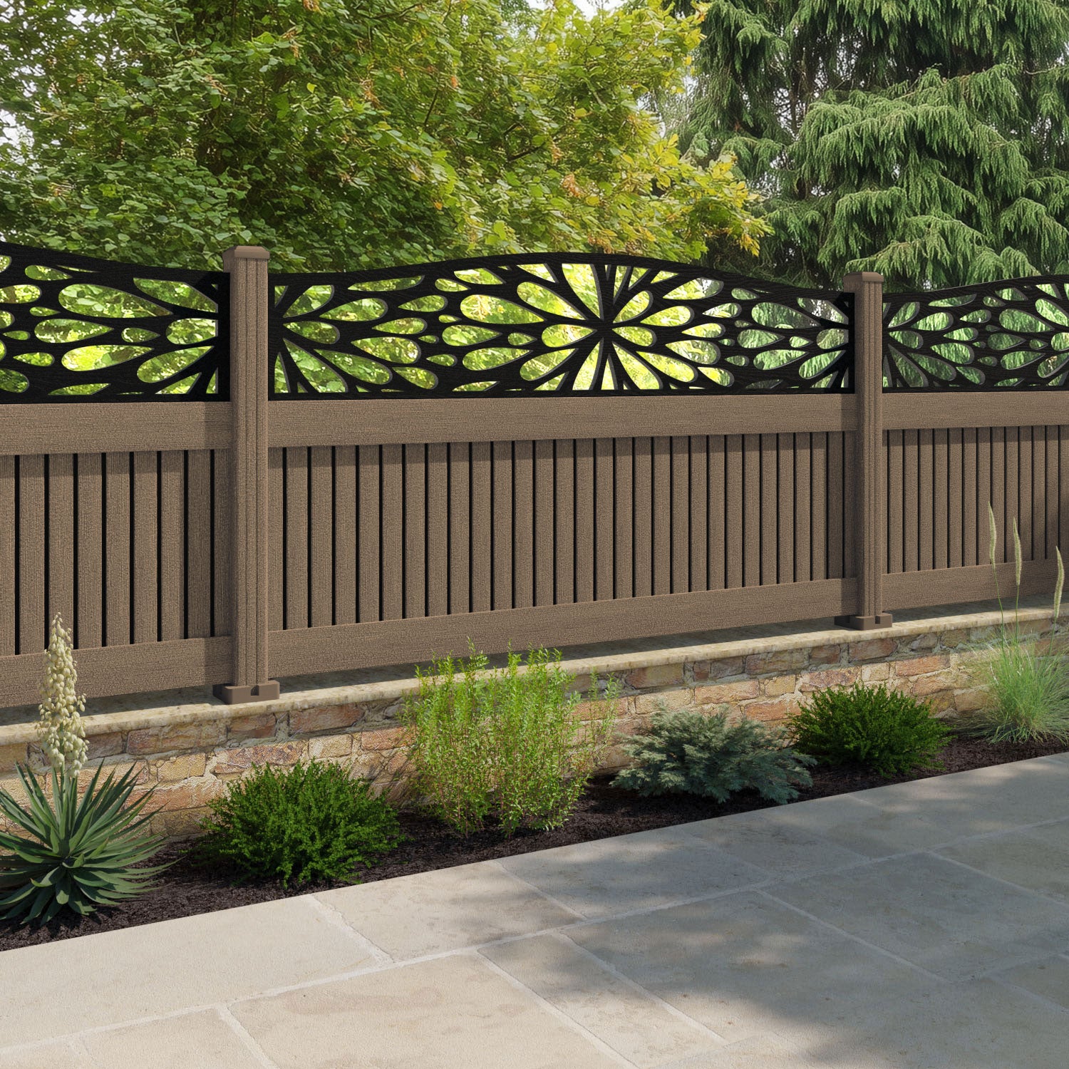 Virtis Blossom Curved Top Fence Panel - Teak - with our composite posts