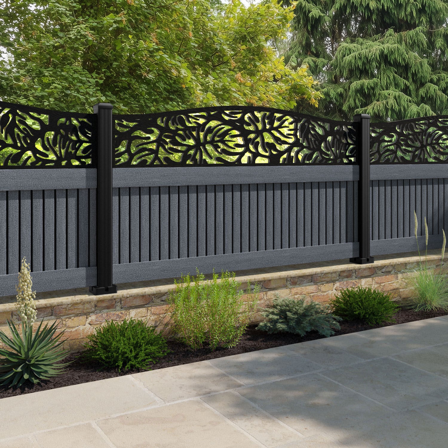 Virtis Botanic Curved Top Fence Panel - Anthracite - with our composite posts