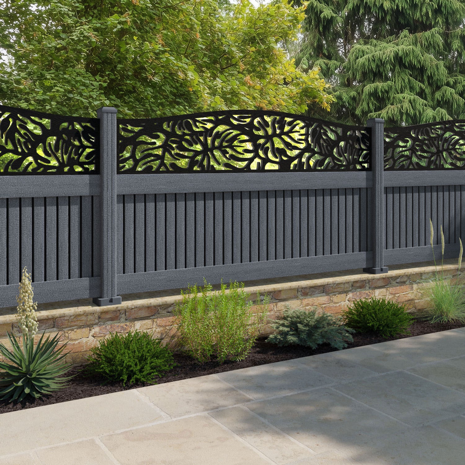 Virtis Botanic Curved Top Fence Panel - Anthracite - with our composite posts