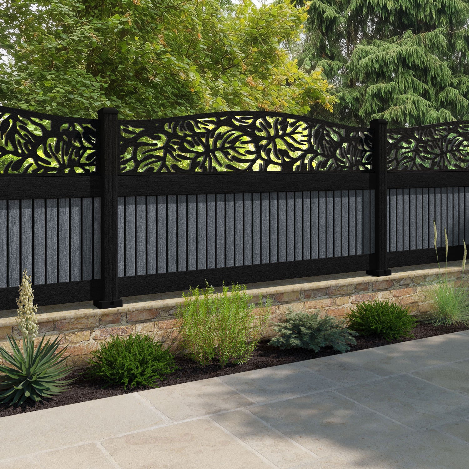 Virtis Botanic Curved Top Fence Panel - Anthracite - with our composite posts