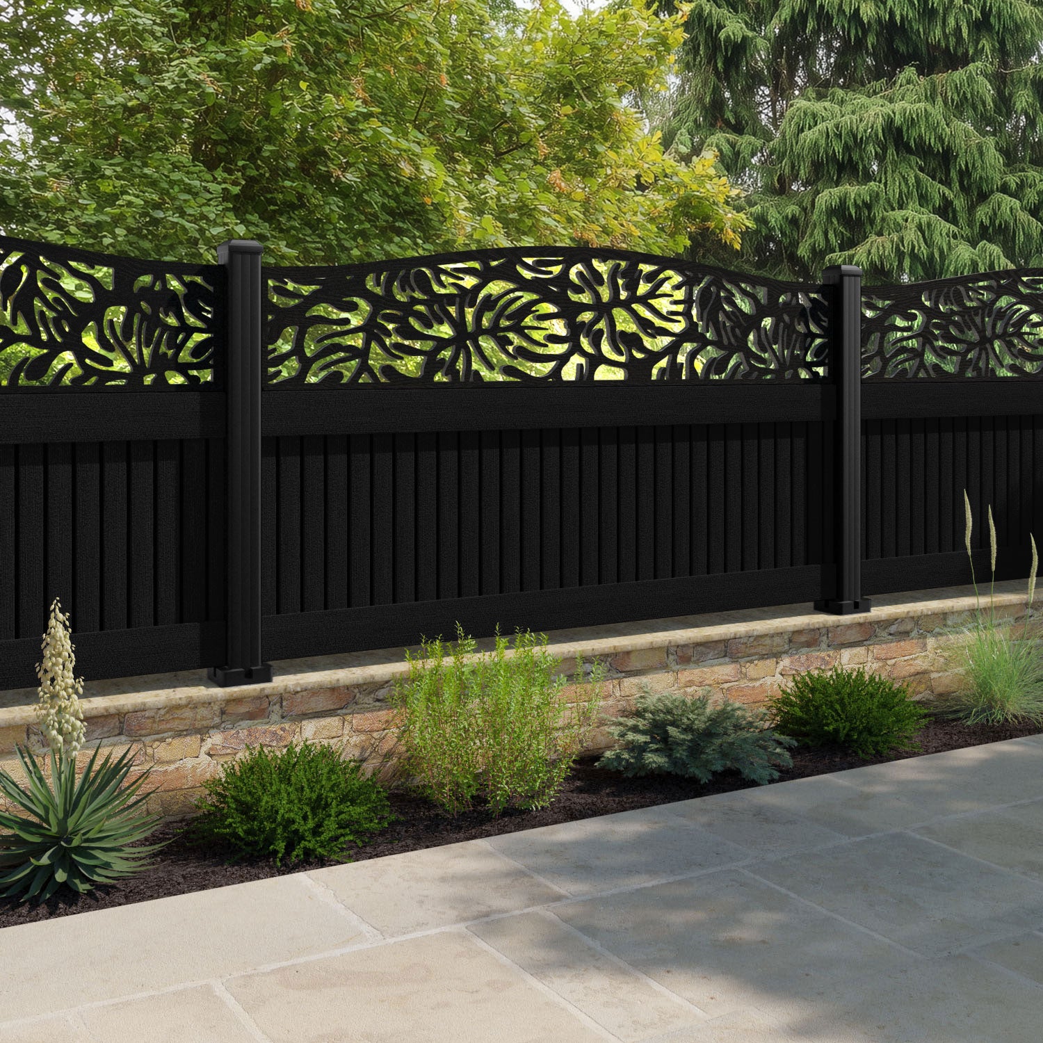 Virtis Botanic Curved Top Fence Panel - Black - with our aluminium posts
